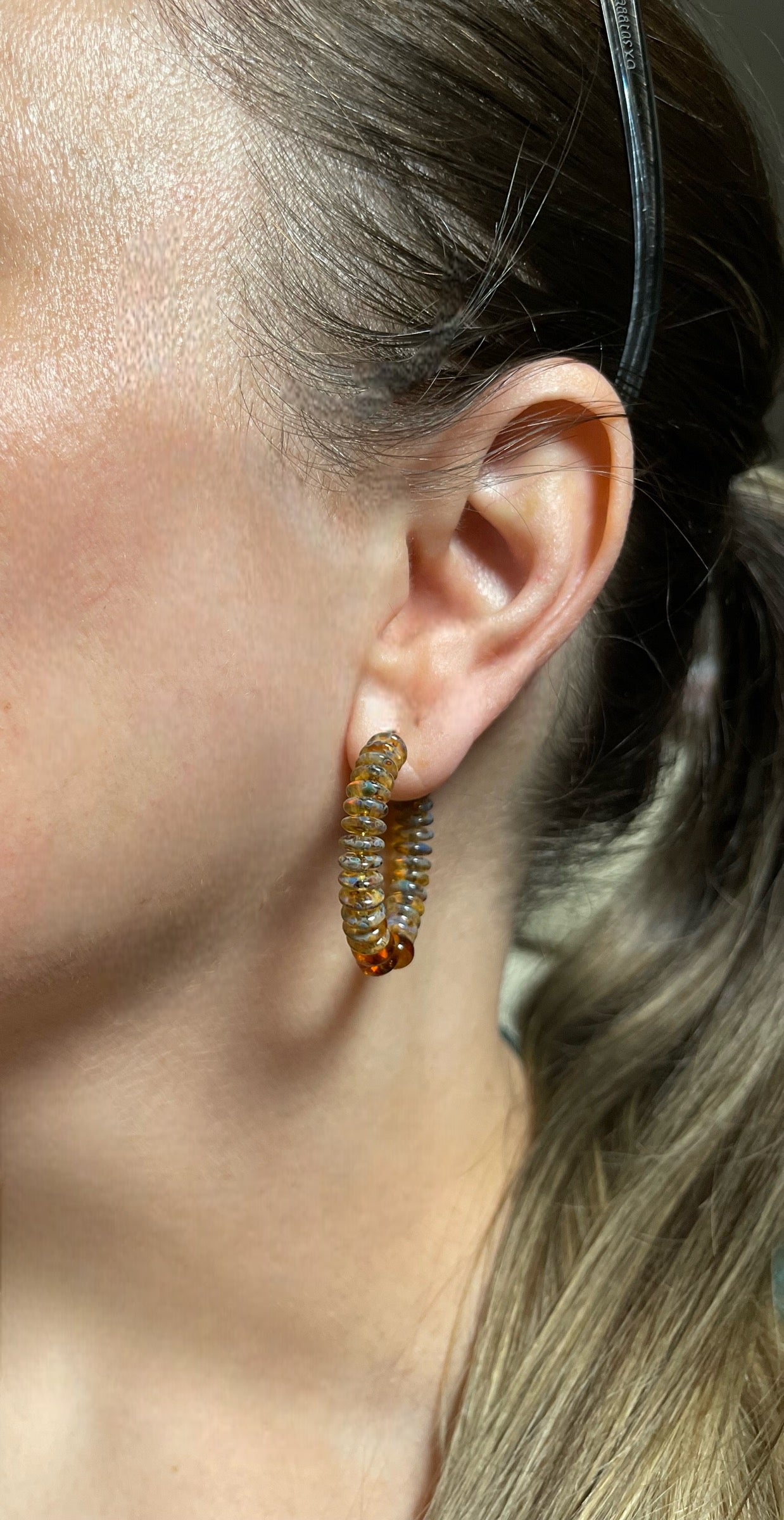 Baltic Amber Stone Earrings: Gold or Silver Hoop earrings with Czech Glass beads and Natural Baltic Stone