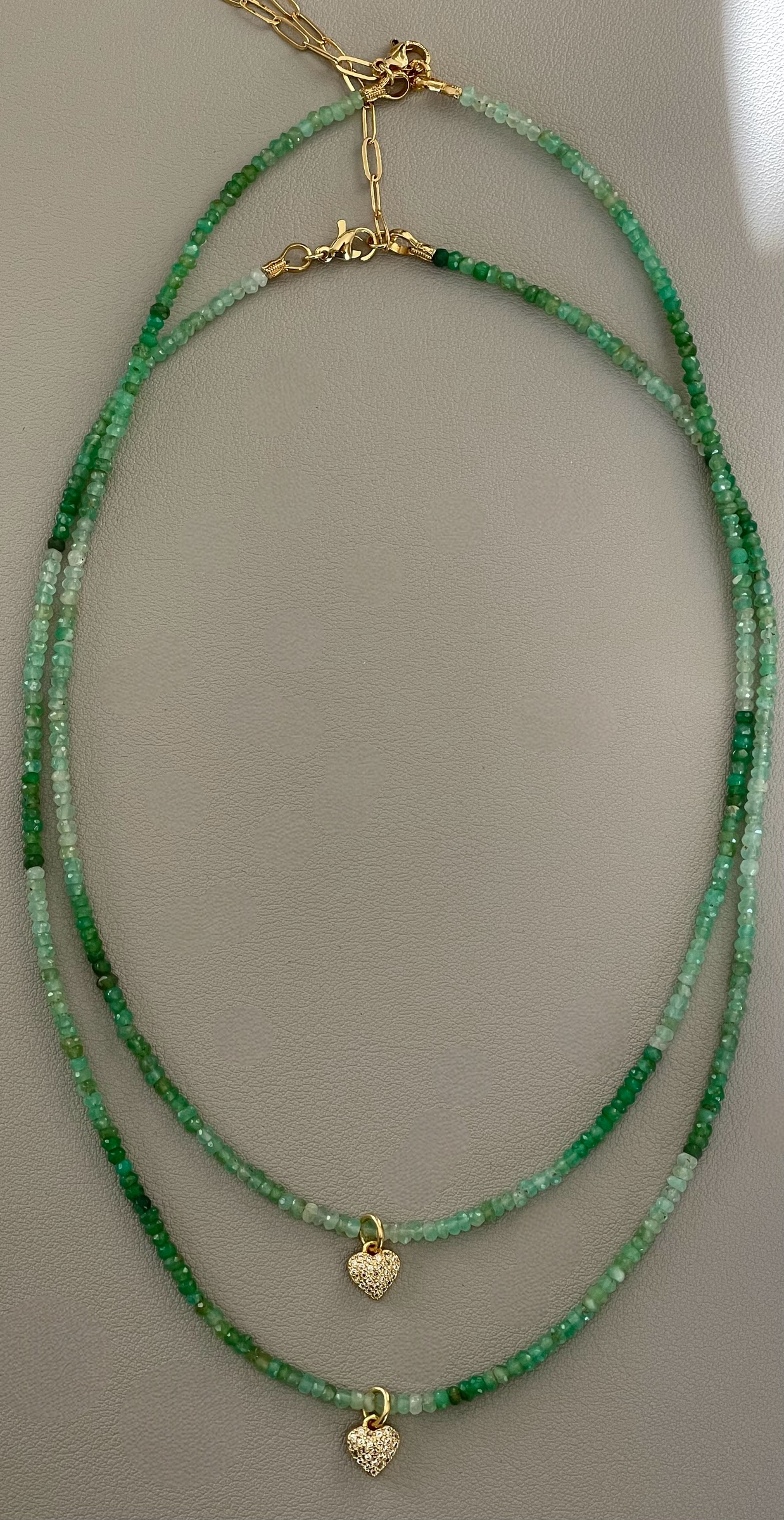 Chrysoprase Tiny Heart Skinnie: gradient Chrysoprase faceted 3mm beads Gold Pavé heart charm and gold clasp