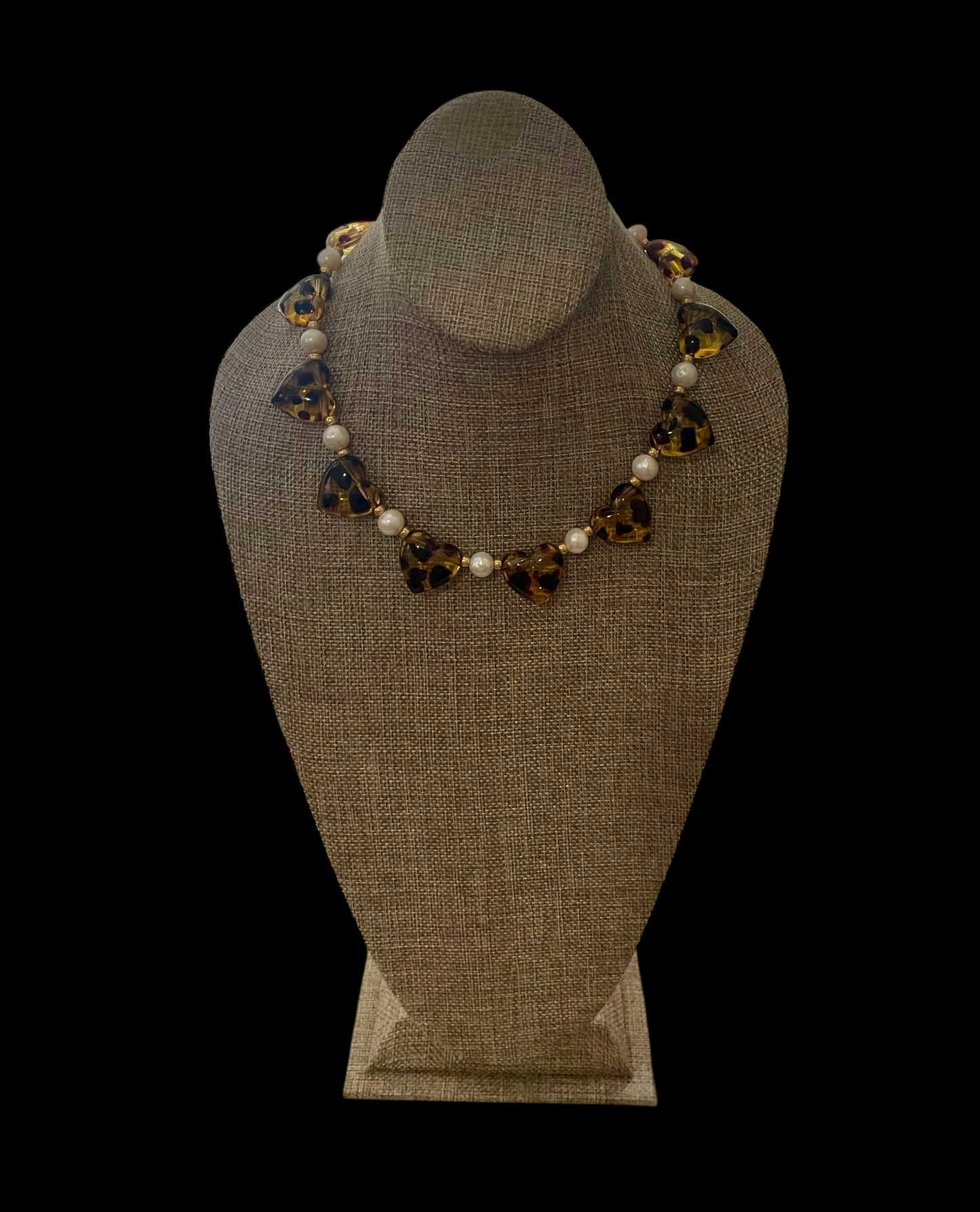 Leopard Love Necklace: Acrylic Leopard Print hearts with gold glass accent beads and Freshwater Pearls Gold Pavé toggle clasp