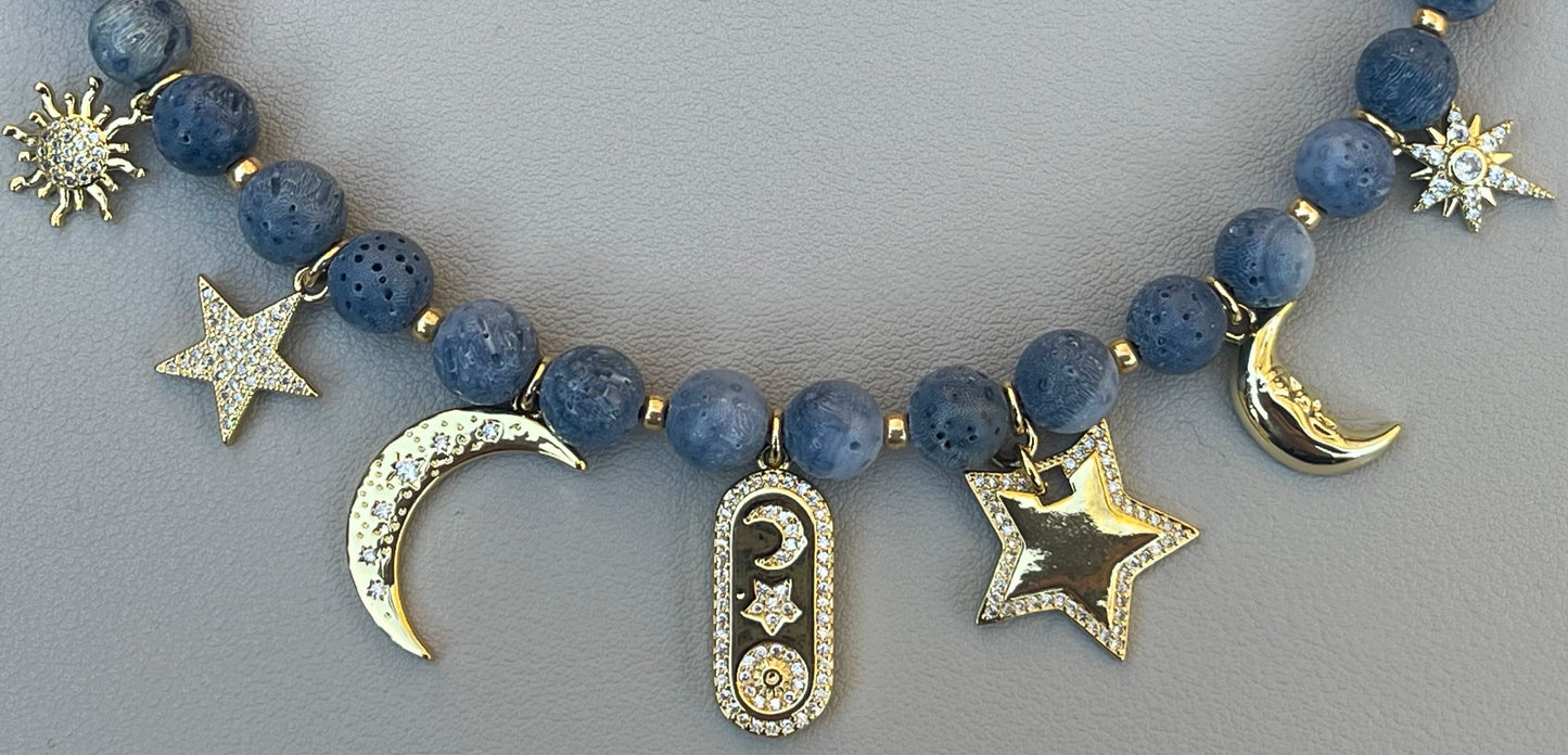 The Celestial Necklace: Indonesian Coral beads perfect for essential oil diffusing, Gold charms with CZ accents