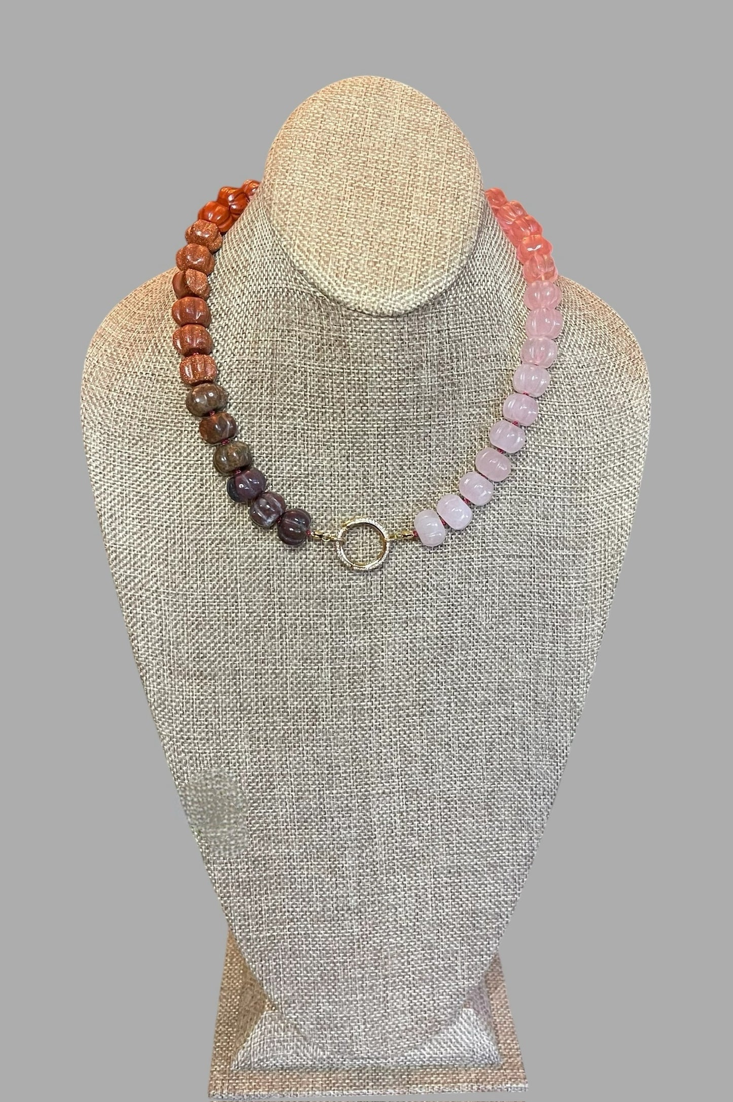 Ombré Roses Necklace OOAK: A stunning mix of hand-carved Gemstones, hand-knotted on pink silk