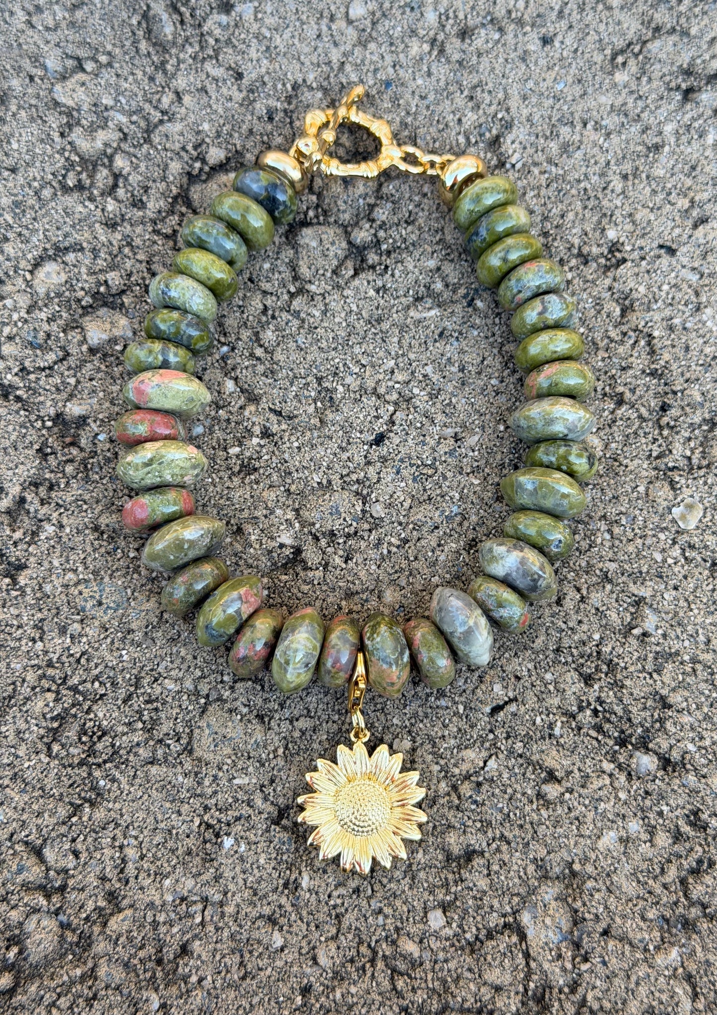 Unakite Gemstone Bead Bracelet w/ Removable Charm OOAK