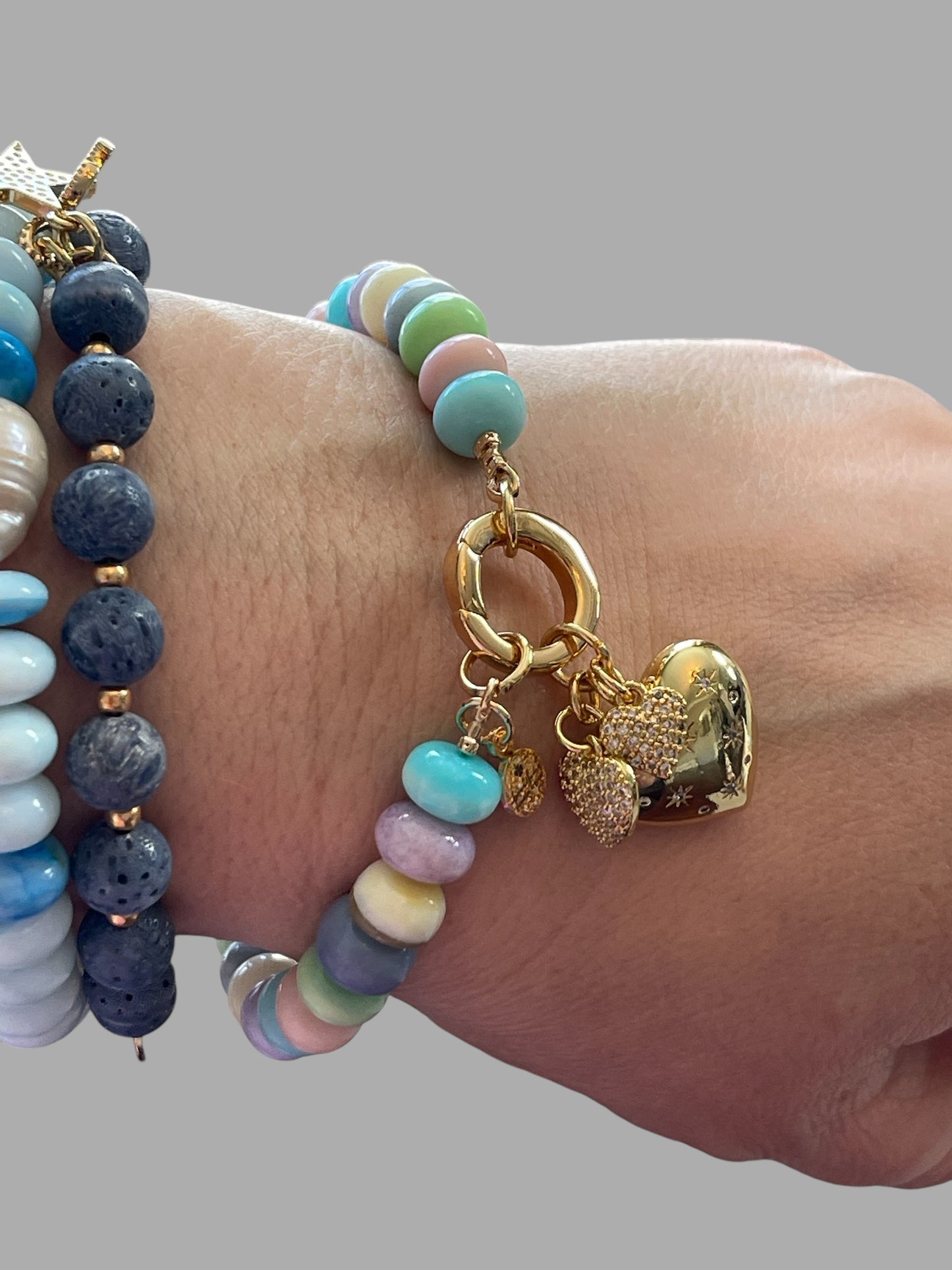 Candy Opal Hearts Bracelet: Candy colored Opals with gold CZ accent charms and gold clasp OOAK