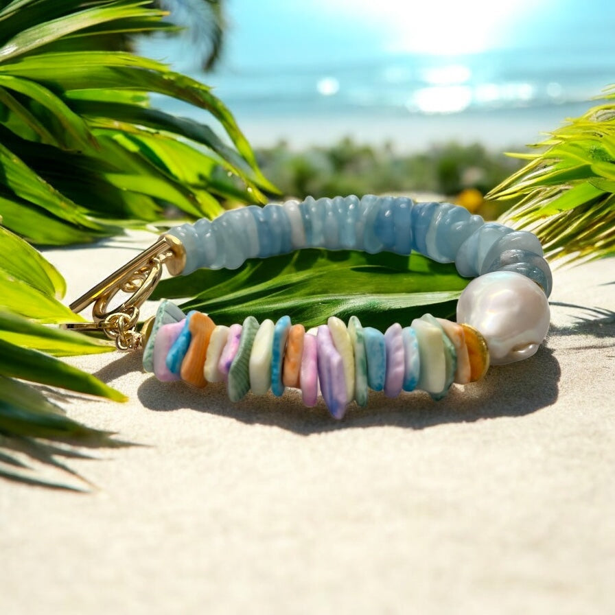 Chic Island Bracelets: Pastel dyed Puka shell, Flawless Baroque Pearl, Aquamarine OR Rose Quartz, Gold accents