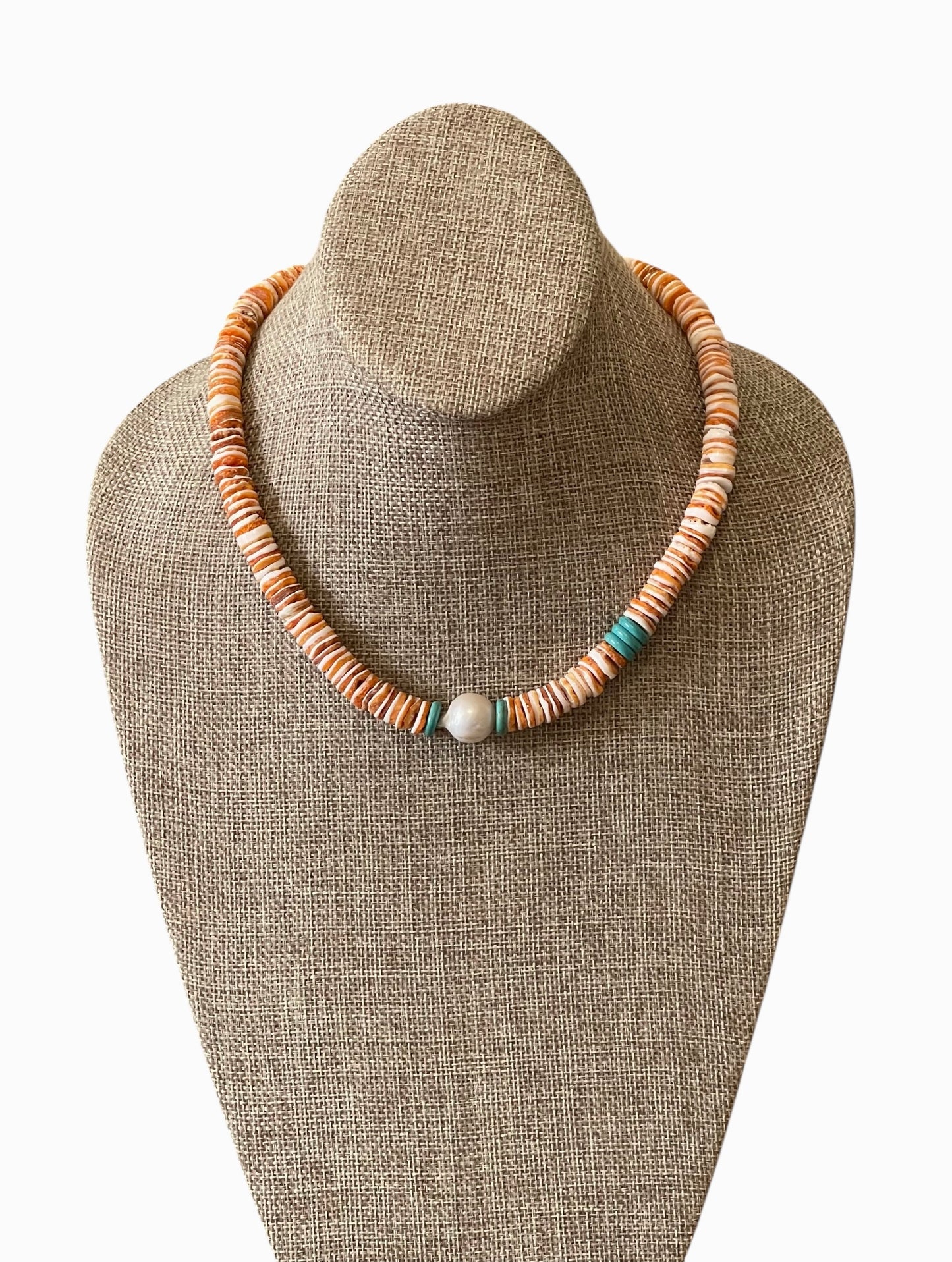 Baja Surf Necklace: Spiny Oyster Shell w Tuquoise (Howlite) and a Baroque Pearl Gold or Silver Clasp