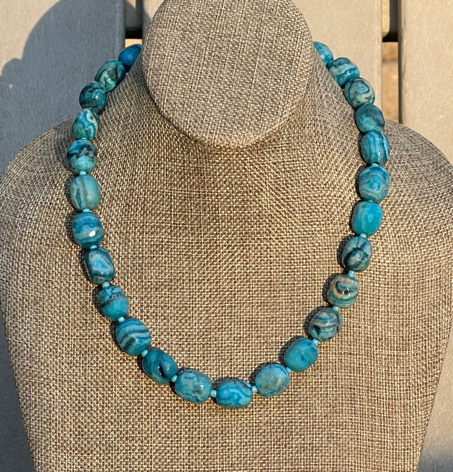 Cerulean Lace Necklace: Faceted Crazy Lace Agate with a deep gold luxe toggle clasp