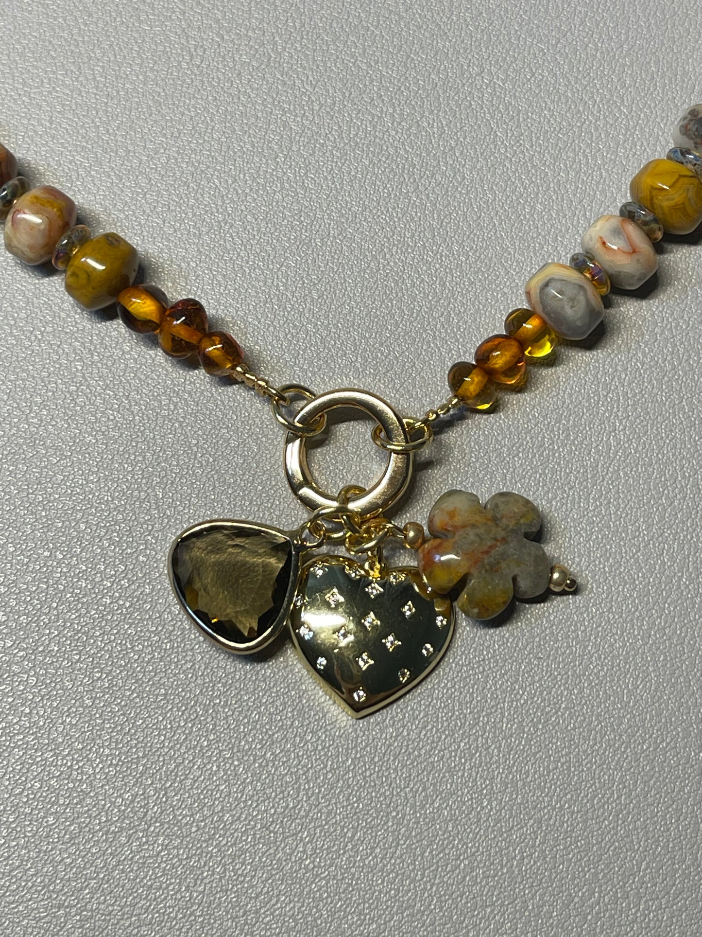Autumn’s Embrace Necklace: Crazy Lace Agate natural stones in warm tones, Accented w Czech glass, Baltic stones and Gold charms