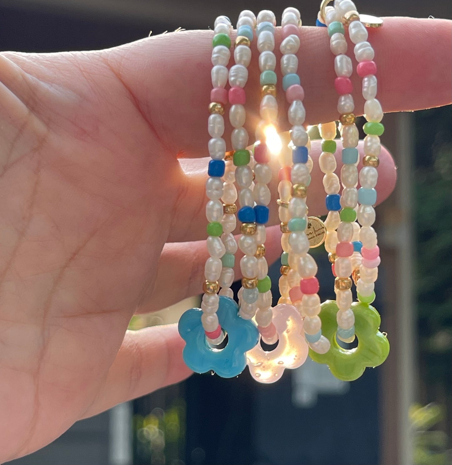 Candy Petals Bracelet Duo: Freshwater Pearls with candy colored accents 2 Stretch Bracelets Choose pink green or blue flower