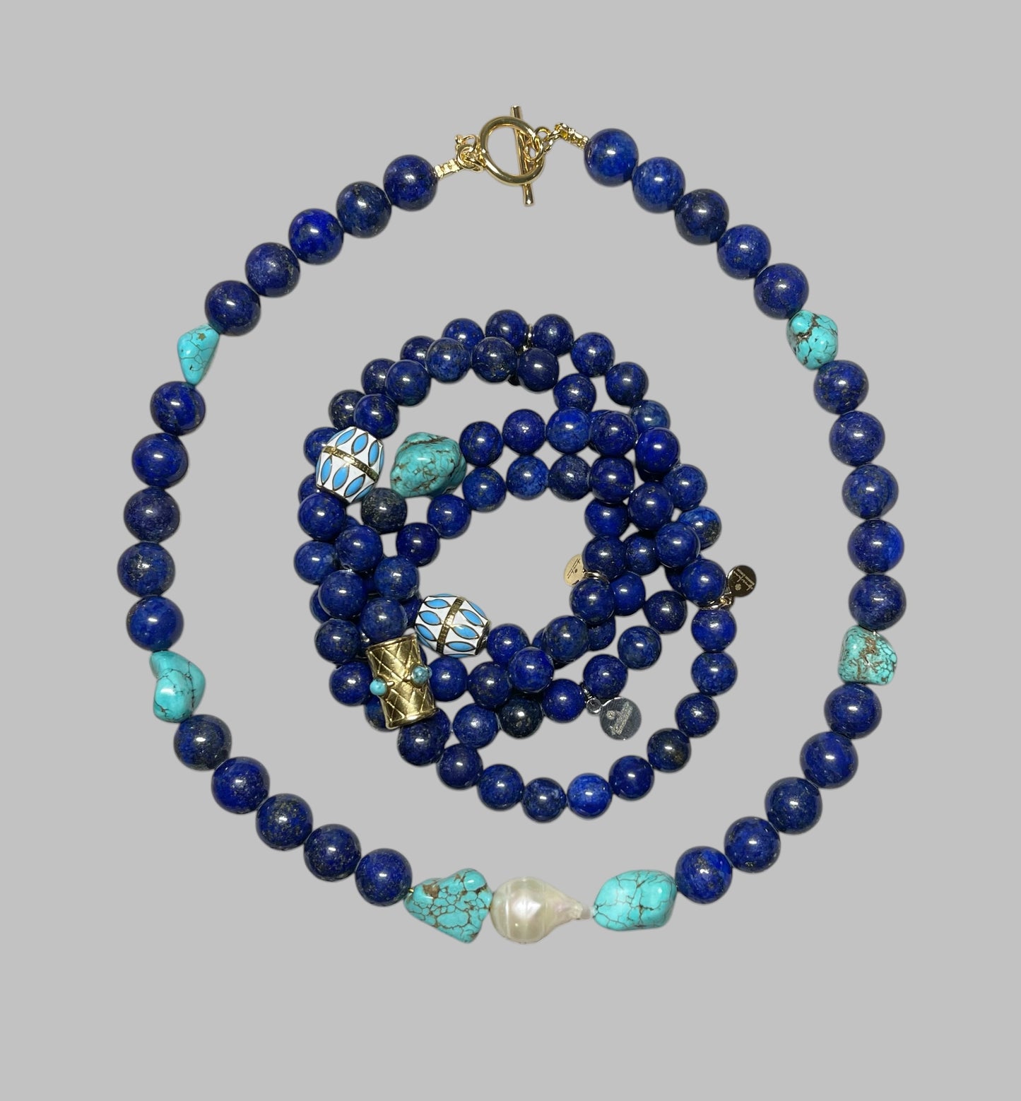 Deep Sea Muse: AAA quality Lapis Lazuli beads with Turquoise and a freshwater baroque pearl center OOAK