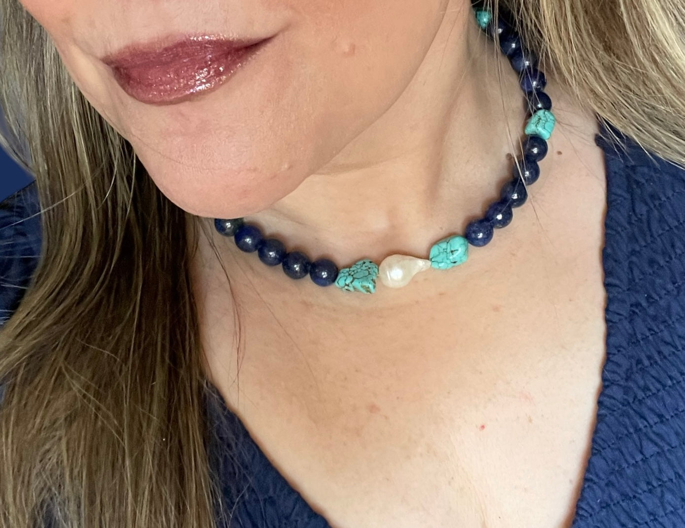 Deep Sea Muse: AAA quality Lapis Lazuli beads with Turquoise and a freshwater baroque pearl center OOAK