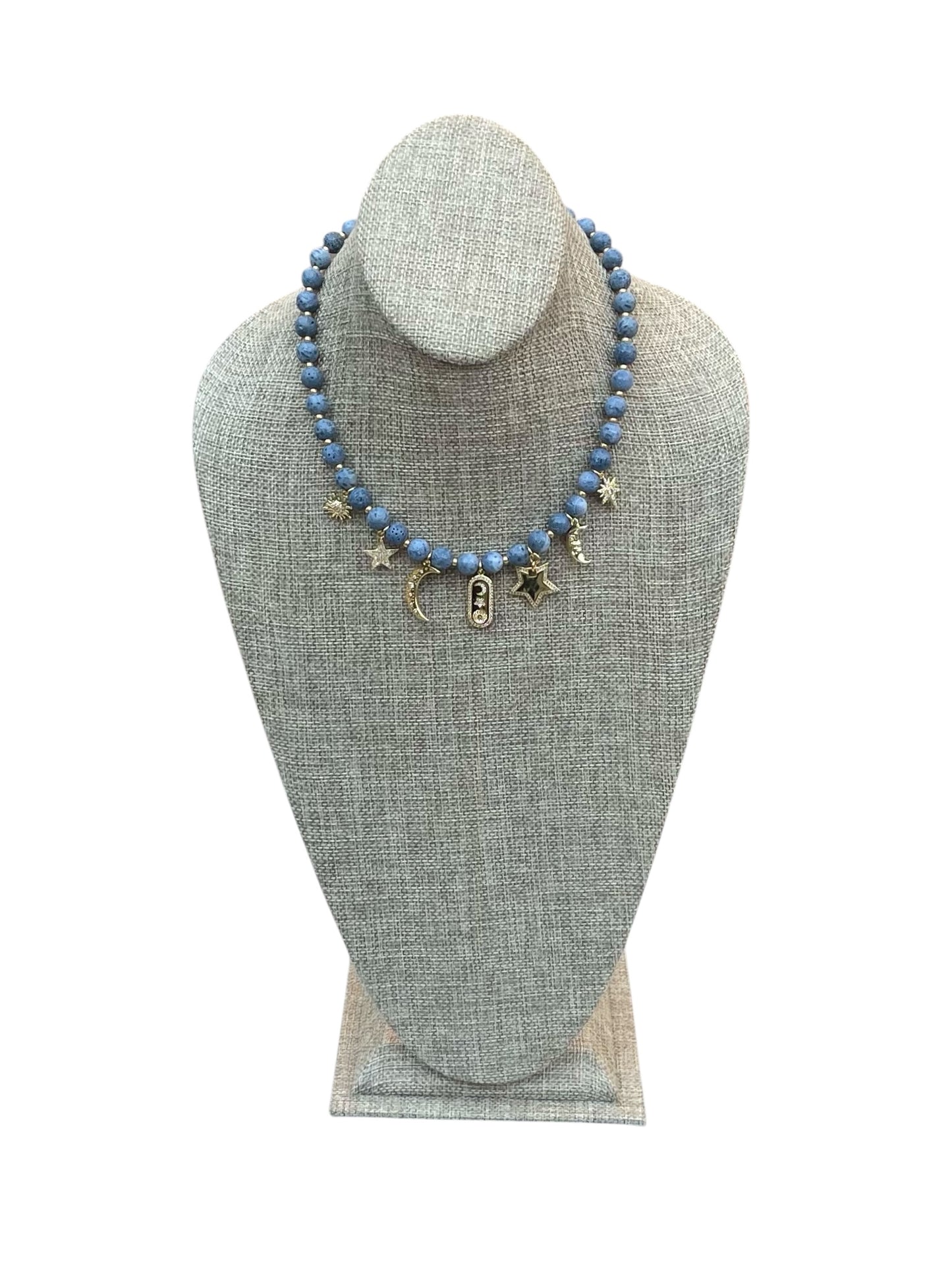 The Celestial Necklace: Indonesian Coral beads perfect for essential oil diffusing, Gold charms with CZ accents