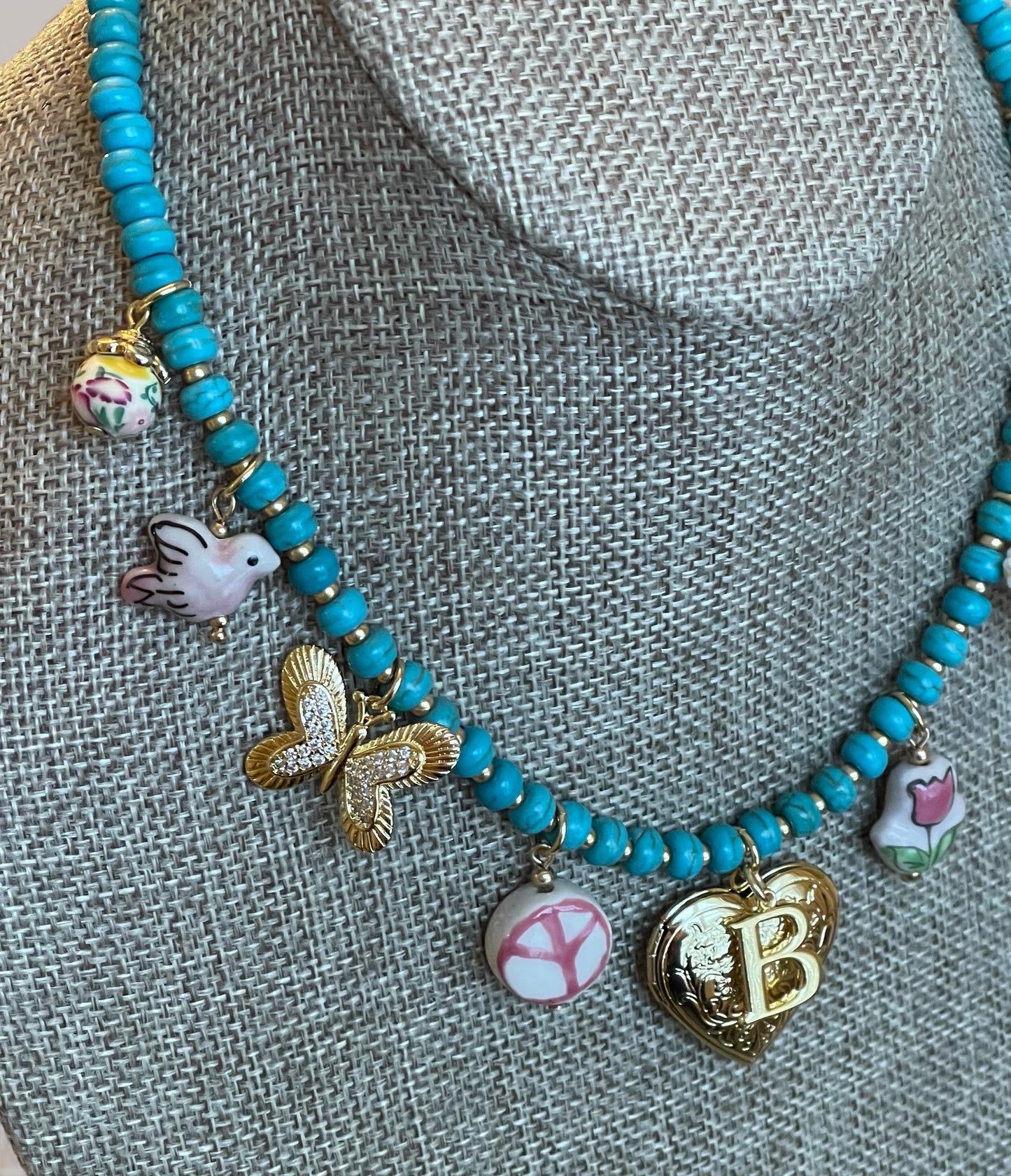 The Casey Necklace: OOAK Turquoise Howlite beads with glass gold accent beads and gold plated charms