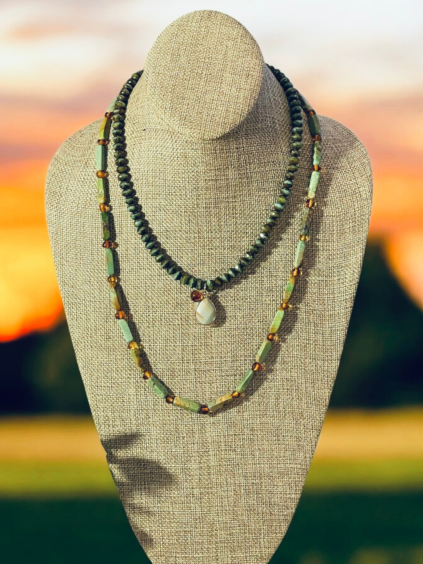 Verdant Glow Necklace: Turquoise and Baltic Amber stone with gold toggle clasp