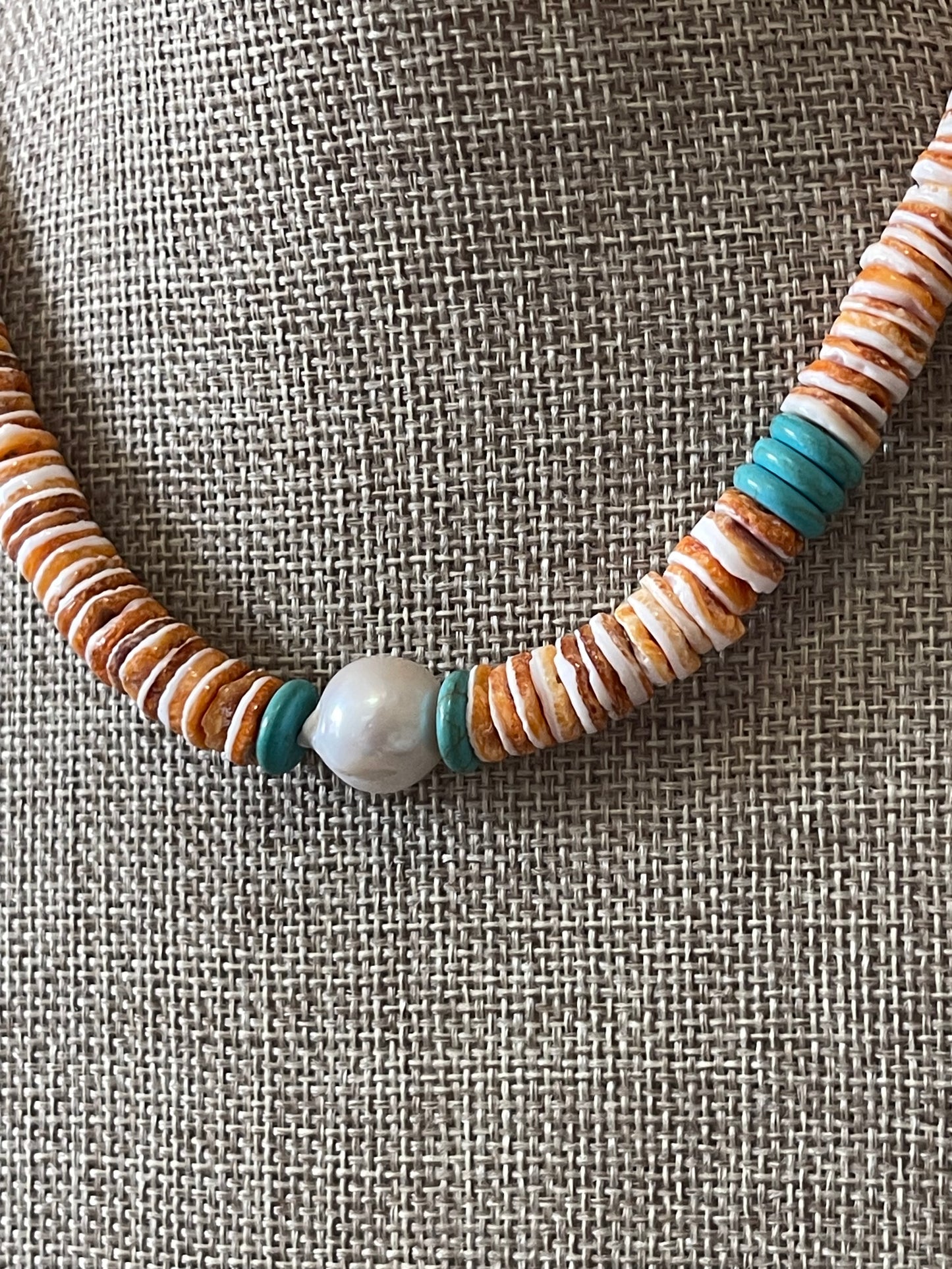 Baja Surf Necklace: Spiny Oyster Shell w Tuquoise (Howlite) and a Baroque Pearl Gold or Silver Clasp