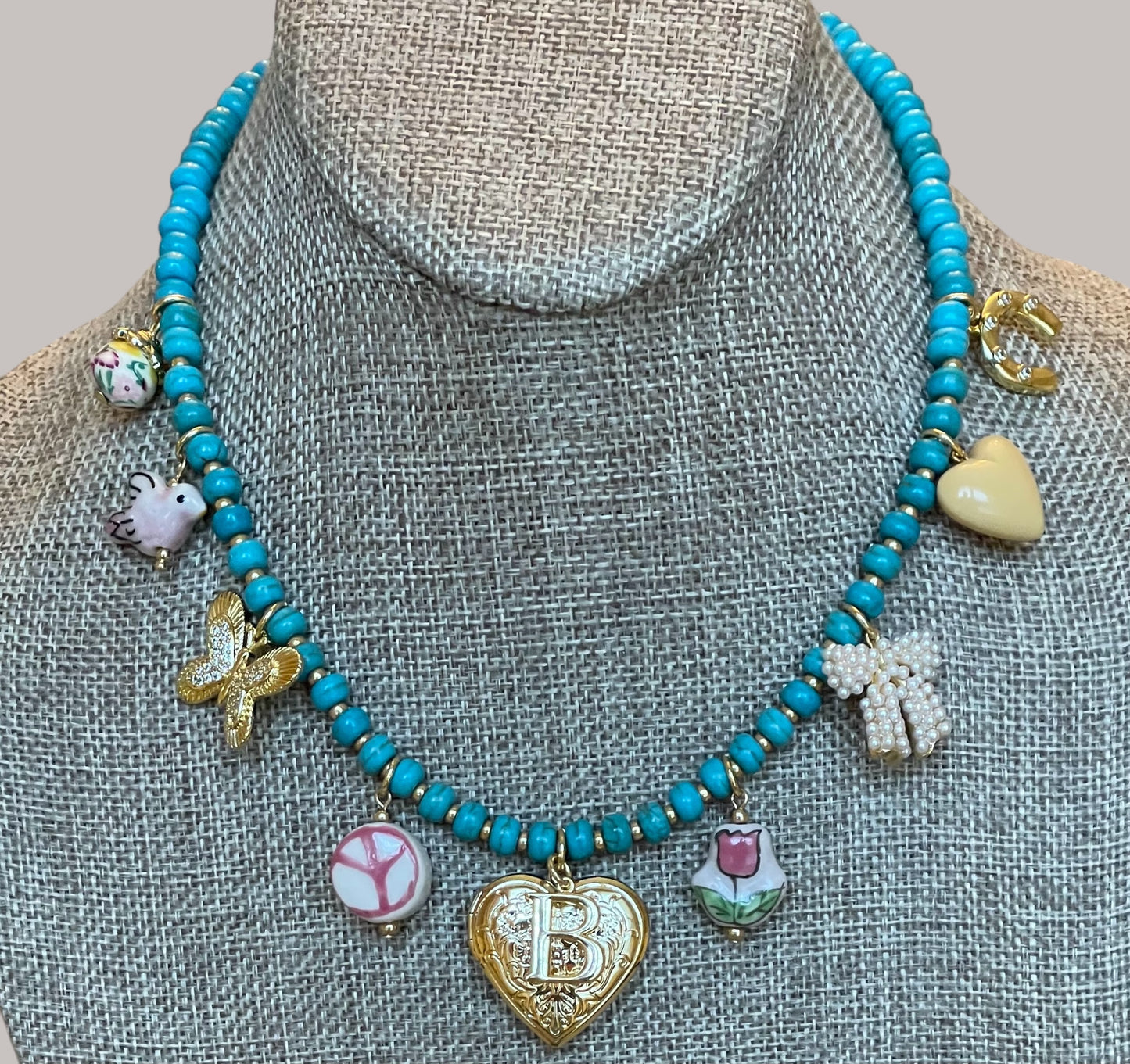 The Casey Necklace: OOAK Turquoise Howlite beads with glass gold accent beads and gold plated charms
