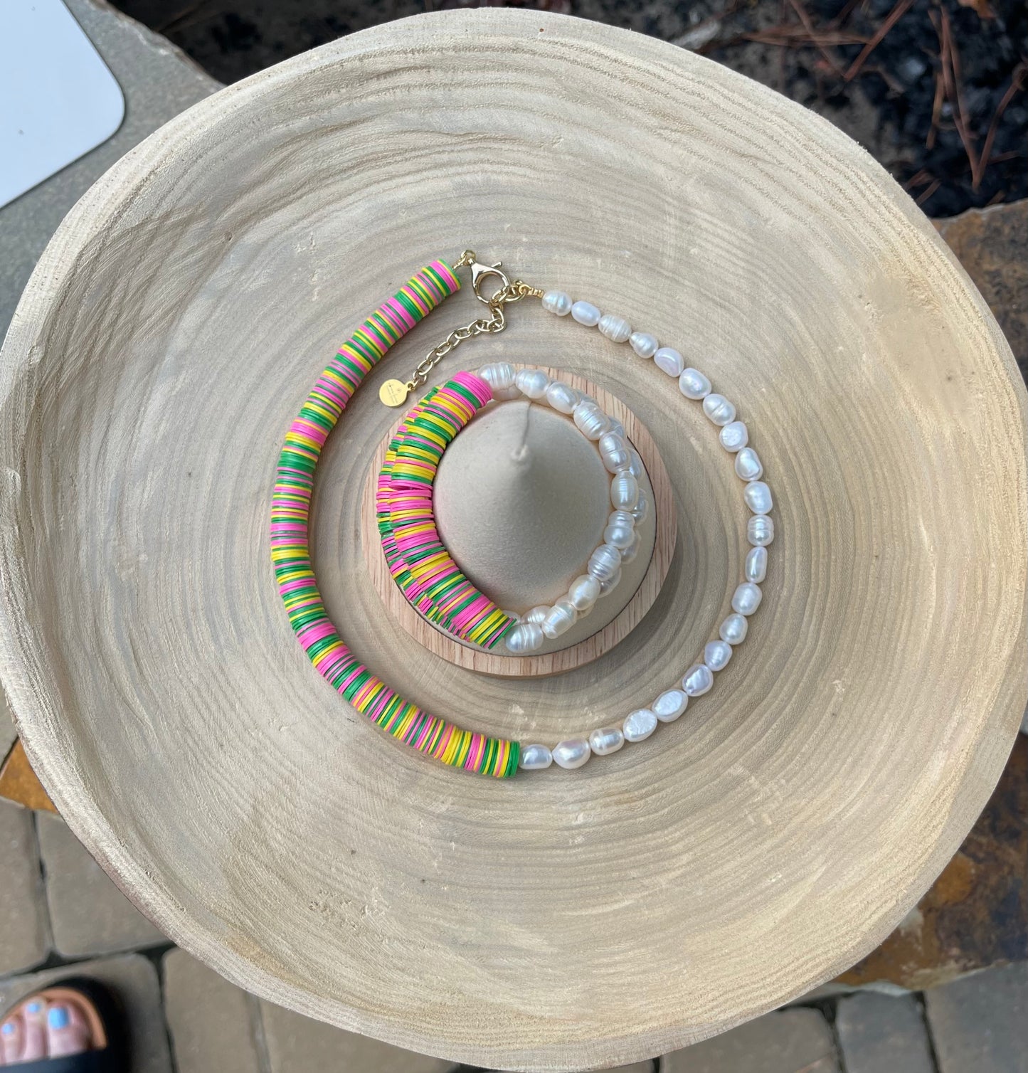 Double Take Necklace: Freshwater Pearls Meet Fun Bright Phono Vinyl Beads Gold Clasp & Extender