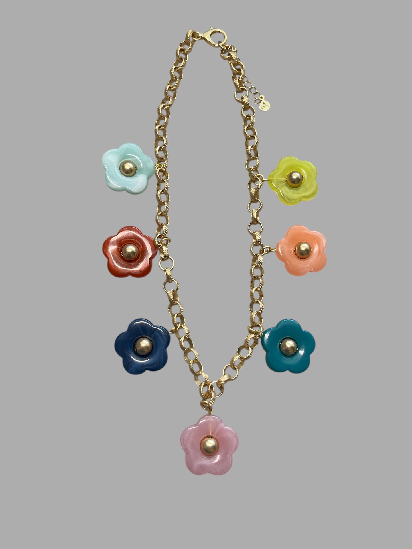 Bloom Necklace: Acrylic flowers with brushed gold centers on a brushed gold Rolo chain