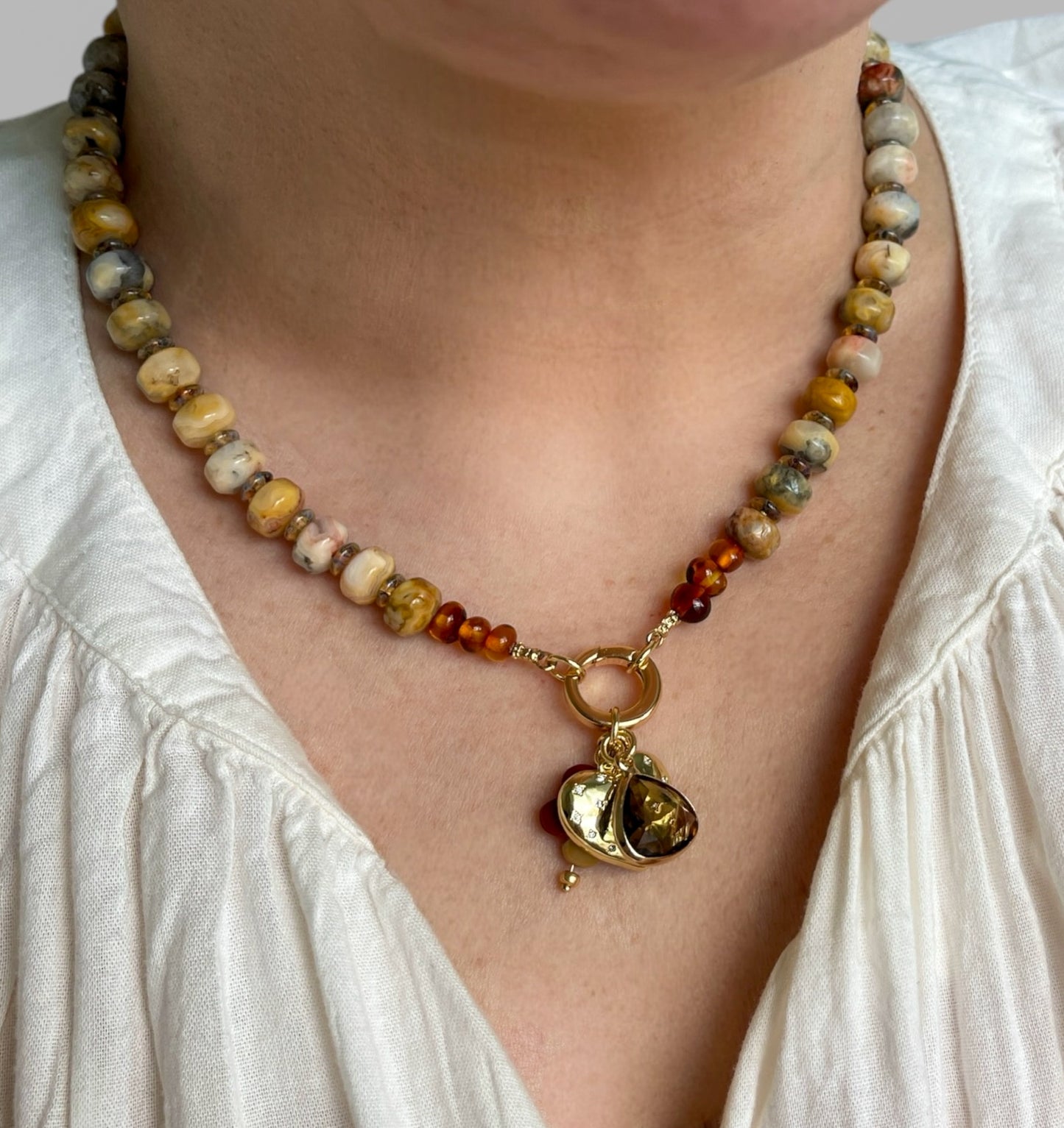 Autumn’s Embrace Necklace: Crazy Lace Agate natural stones in warm tones, Accented w Czech glass, Baltic stones and Gold charms