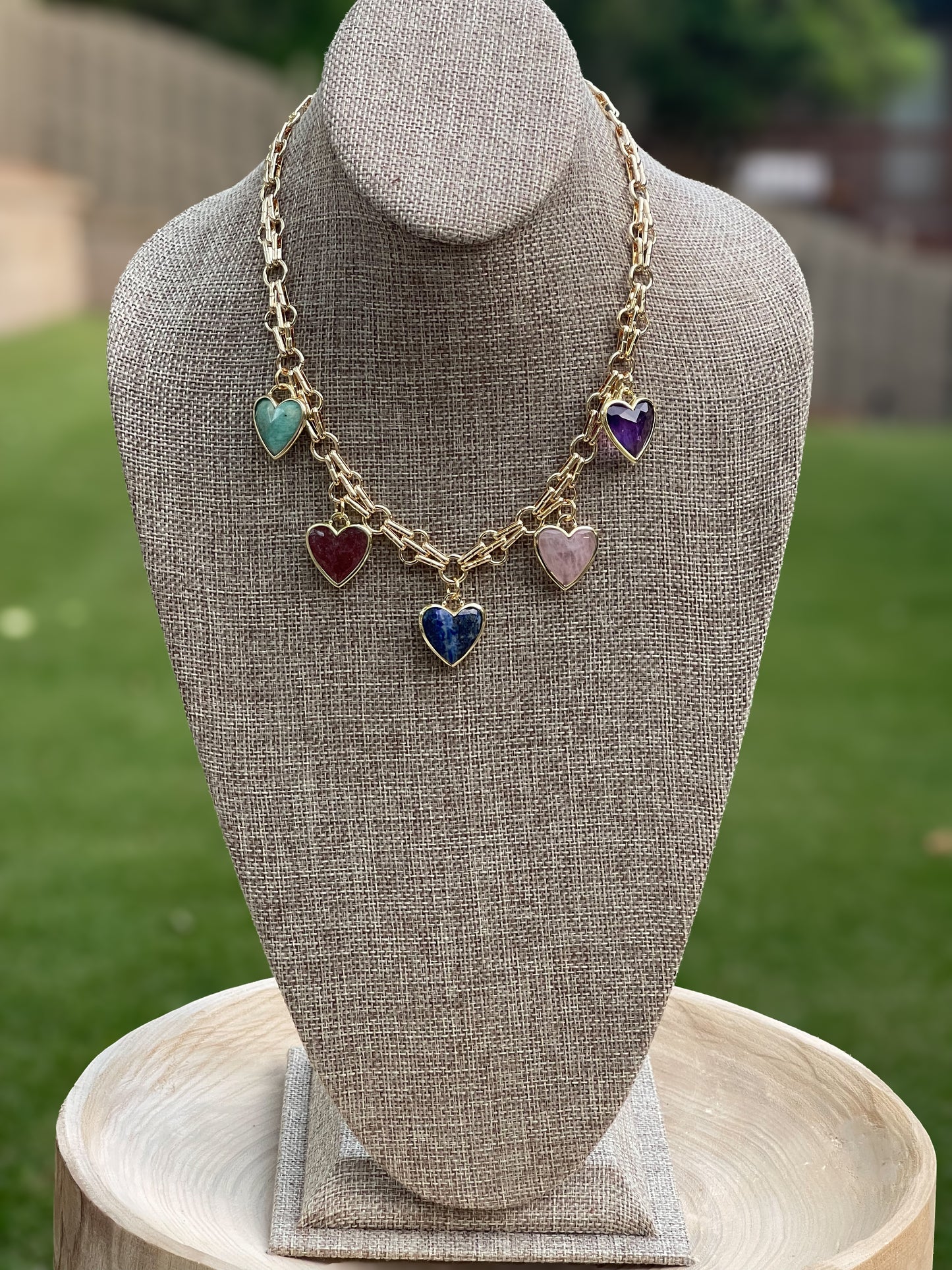 Queen of Hearts Necklace: Faceted Gemstone Hearts on a unique Anti-tarnish Chain