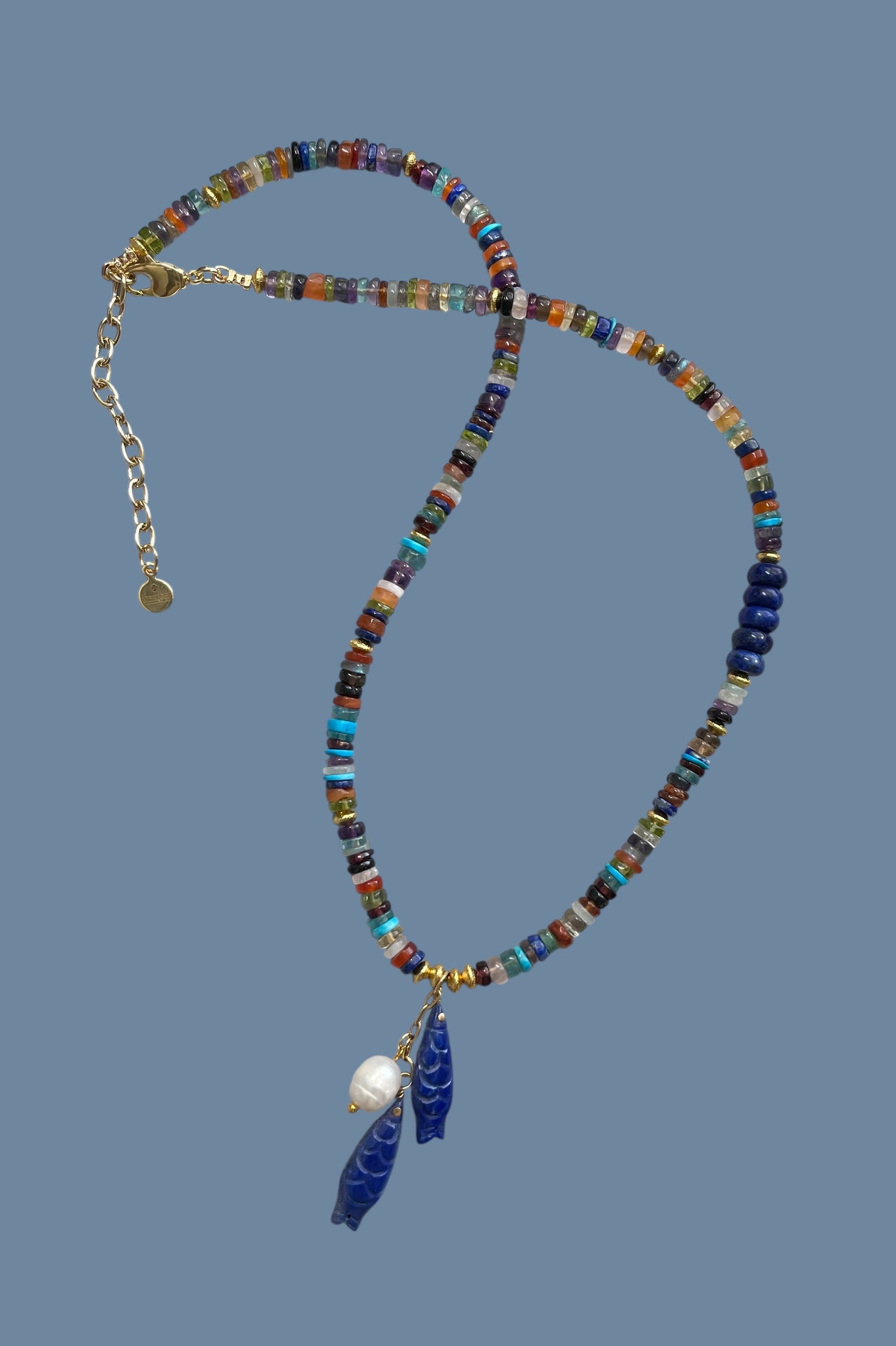 Catch O’ the Day Necklace: Mixed Multi Gemstones w Lapis & gold accents Lapis fish & Pearl Charms OOAK