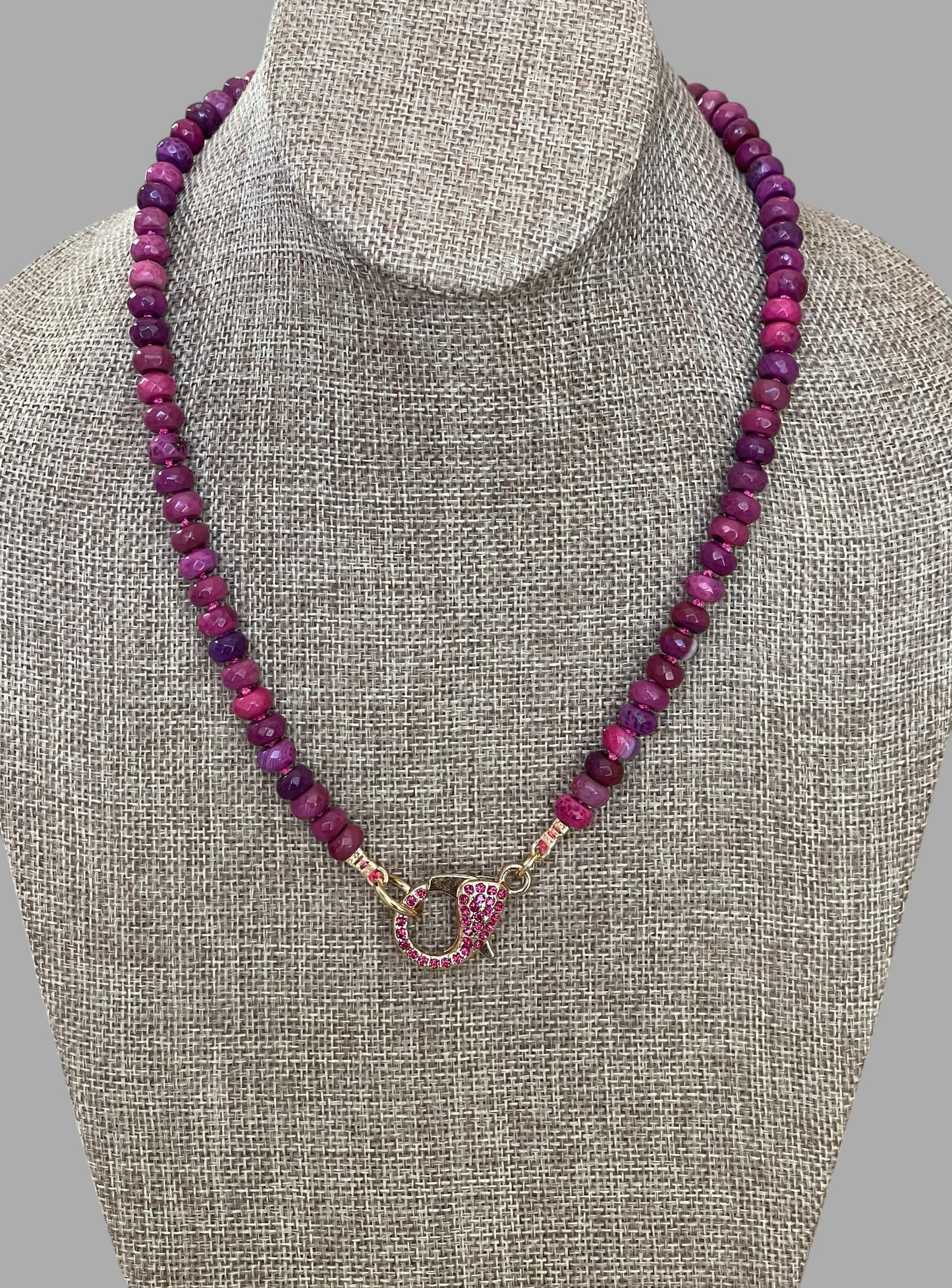 Cascadia Bloom Necklace: 2 Options- Dyed Agate faceted beads Hand knotted on silk, one w/ hot pink silk and hot pink pavé clasp and the other on purple silk w/ purple pavé clasp