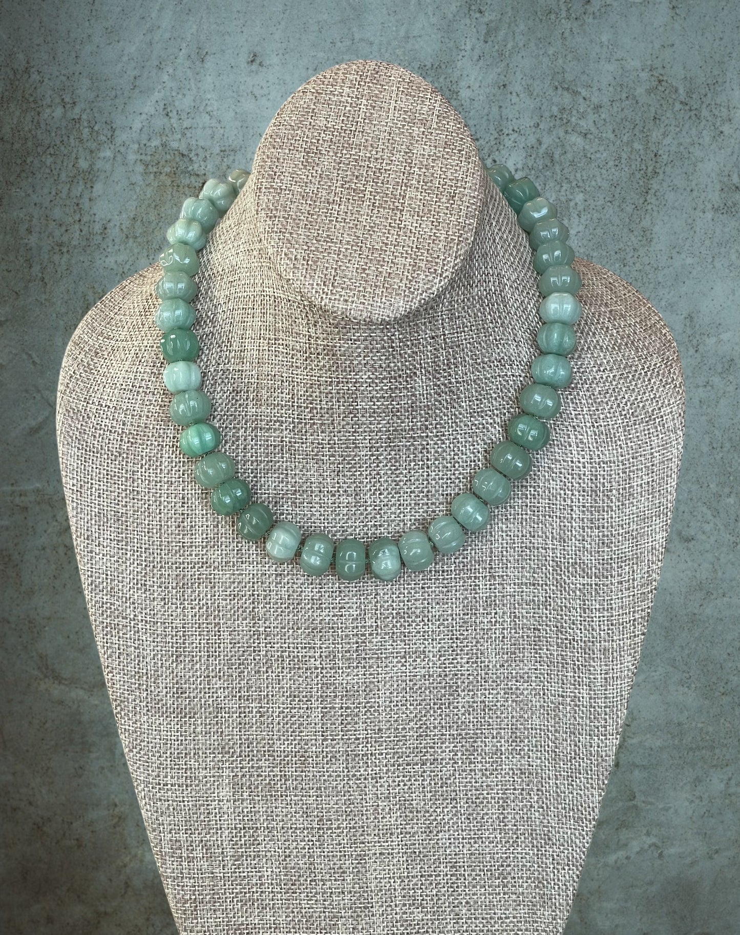 Sage Serenade Necklace OOAK: Sage green hand carved gemstones Hand-knotted on silk