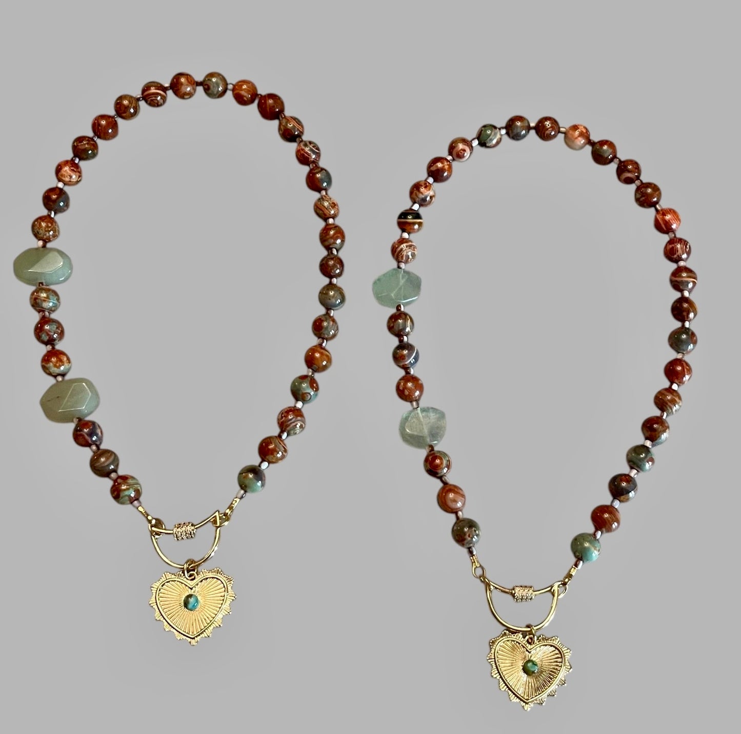 Heirloom Heart Necklace: Red Copper & Sage Agate beads with Green accent stones and a heart pendant