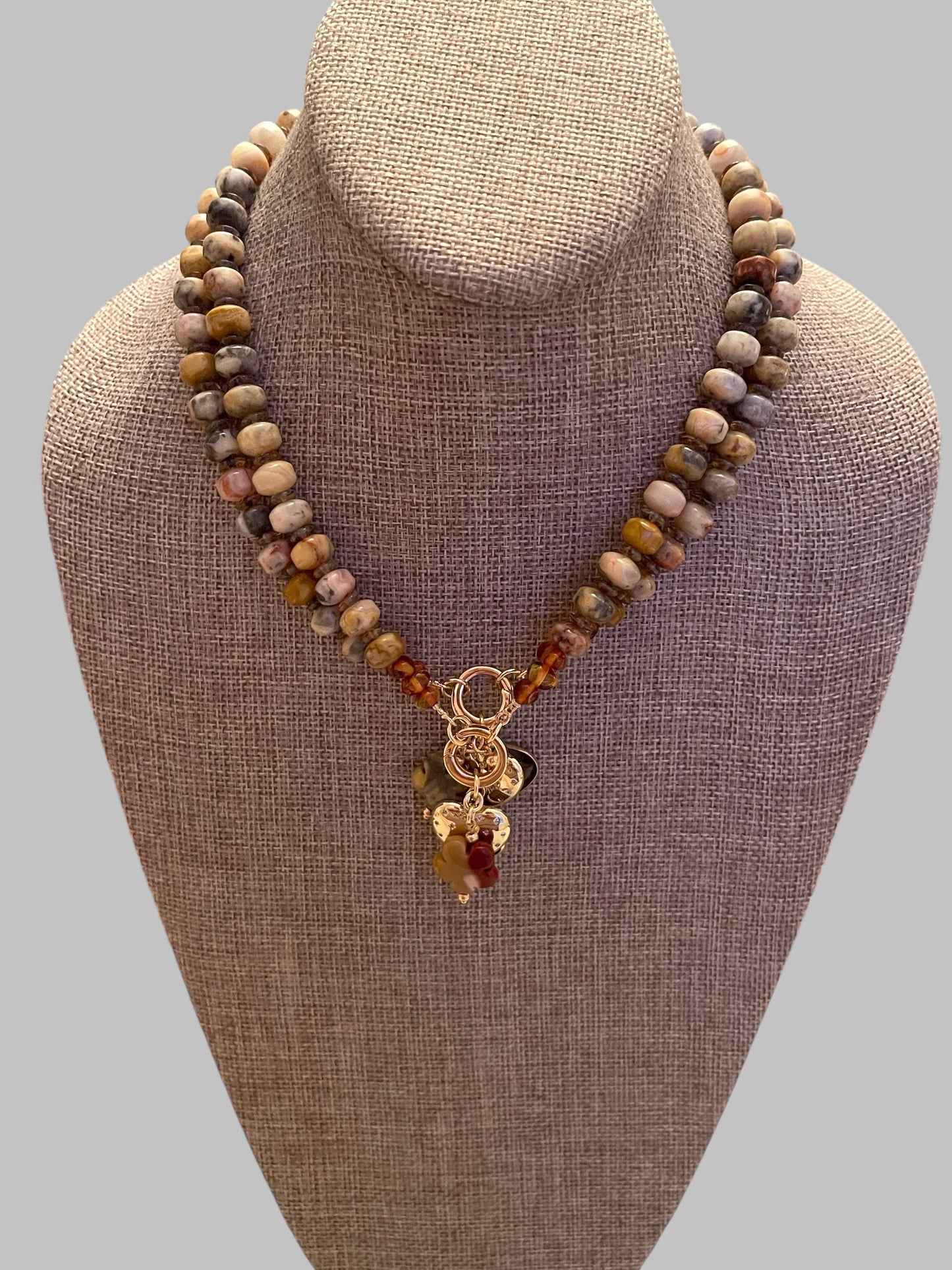 Autumn’s Embrace Necklace: Crazy Lace Agate natural stones in warm tones, Accented w Czech glass, Baltic stones and Gold charms