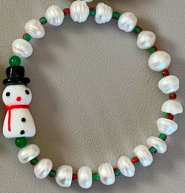 Holiday Snowball Bracelets: Hand painted glass centerpiece on a Freshwater Pearl stretch bracelet FREE SHIPPING