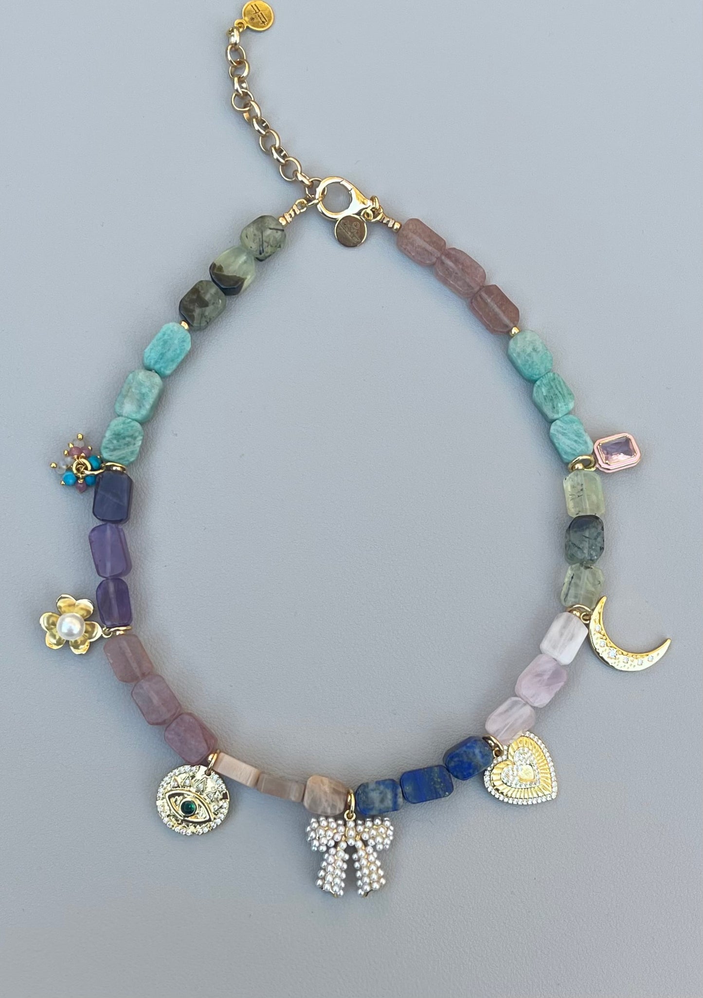 The Gemmy Charms Necklace: Mixture of Gemstone rectangle beads and fun gold charms—Limited Edition