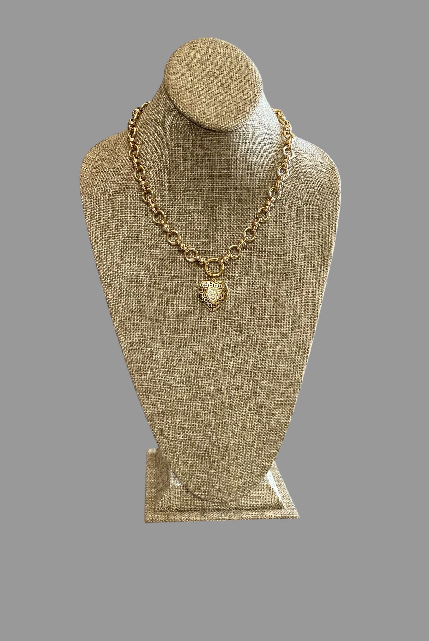 Elysian Gold Necklace: A timeless chain style w/a round clasp/charm holder, classic heart pendant OOAK