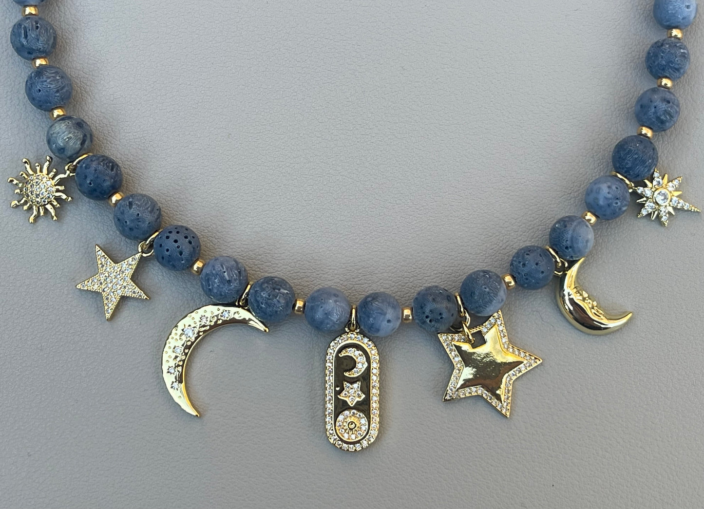 The Celestial Necklace: Indonesian Coral beads perfect for essential oil diffusing, Gold charms with CZ accents
