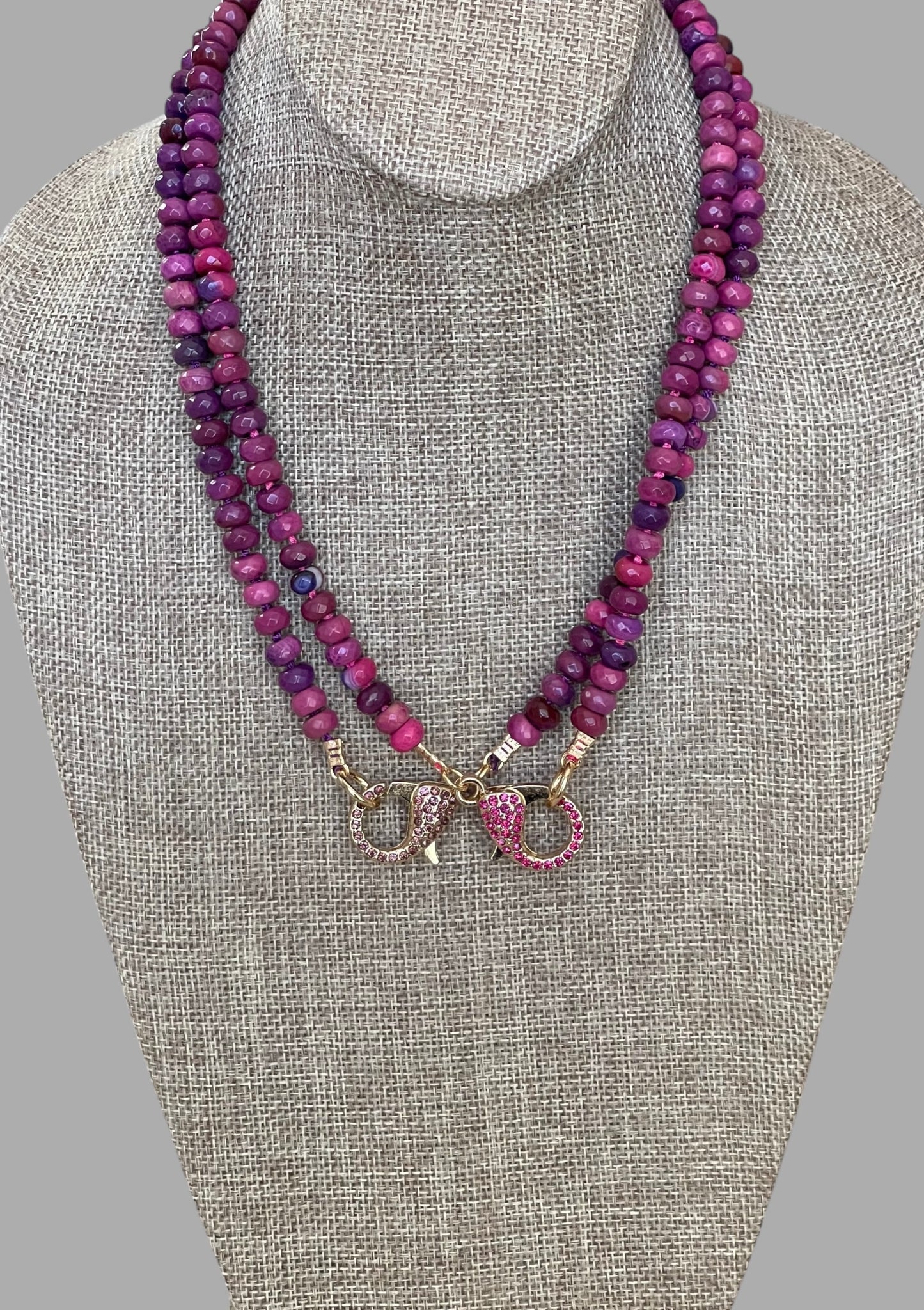 Cascadia Bloom Necklace: 2 Options- Dyed Agate faceted beads Hand knotted on silk, one w/ hot pink silk and hot pink pavé clasp and the other on purple silk w/ purple pavé clasp