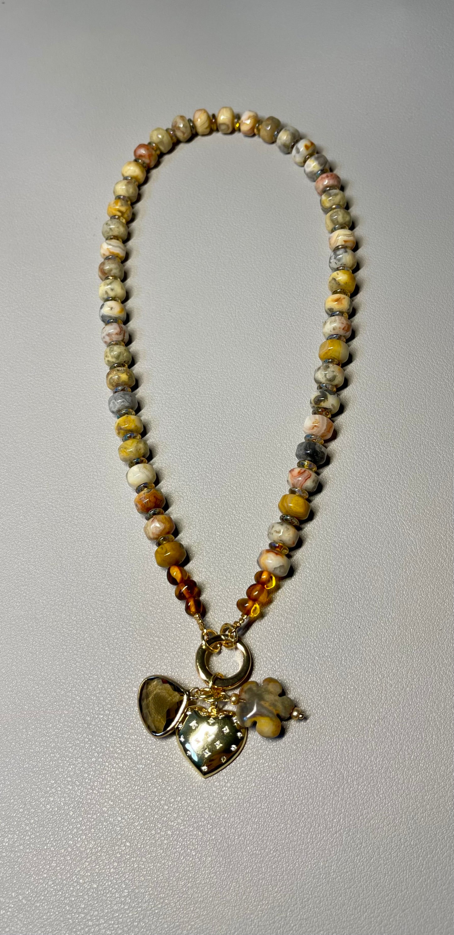 Autumn’s Embrace Necklace: Crazy Lace Agate natural stones in warm tones, Accented w Czech glass, Baltic stones and Gold charms