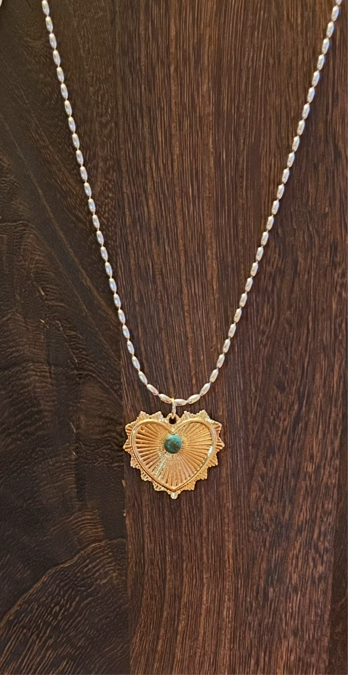 The Sierra Necklace: OOAK Sterling Silver rice shaped chain with a gold heart pendant sporting a genuine turquoise stone centerpiece