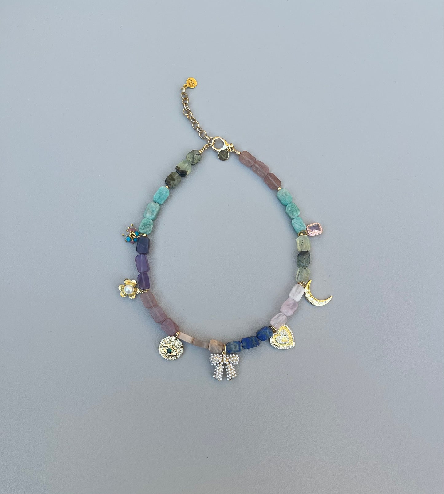 The Gemmy Charms Necklace: Mixture of Gemstone rectangle beads and fun gold charms—Limited Edition