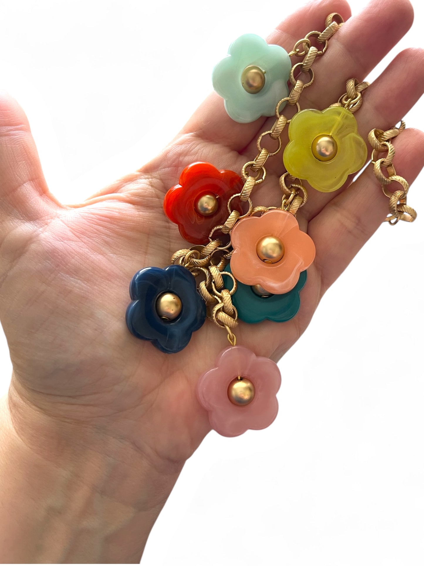 Bloom Necklace: Acrylic flowers with brushed gold centers on a brushed gold Rolo chain