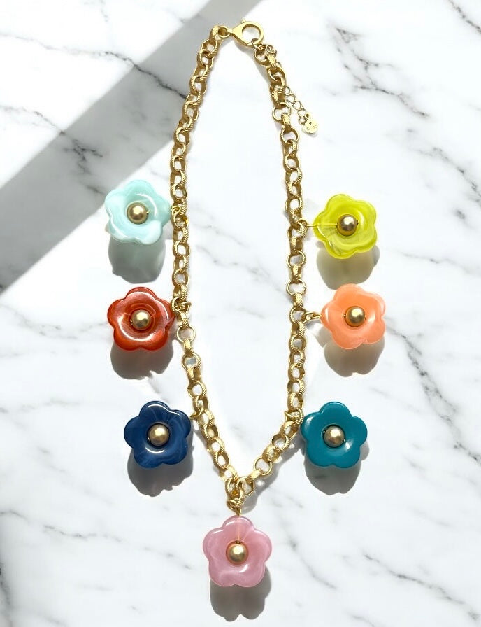 Bloom Necklace: Acrylic flowers with brushed gold centers on a brushed gold Rolo chain
