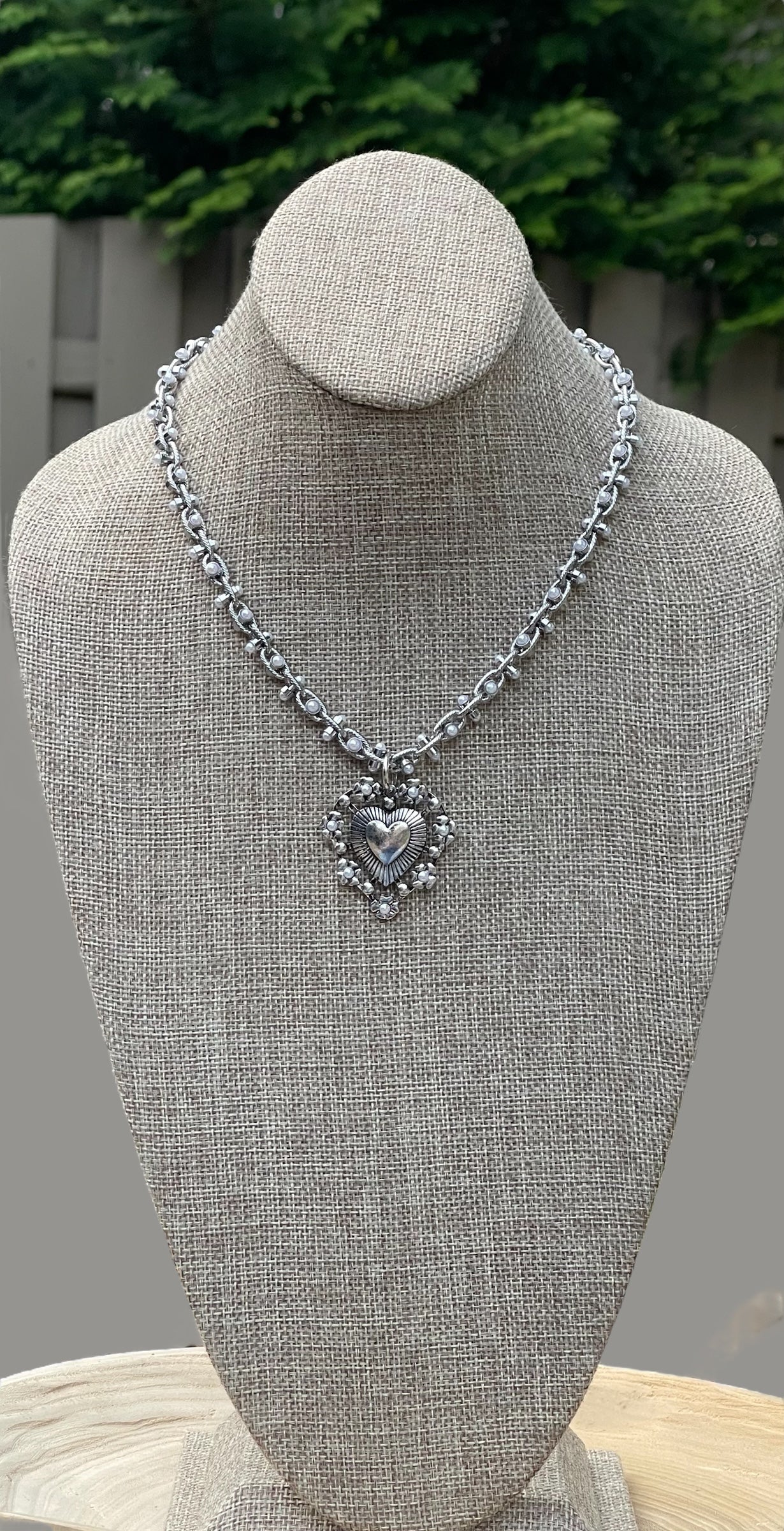 Bold Bijoux in Silver Necklace: Rhodium Silver throughout Pearly chain Statement heart