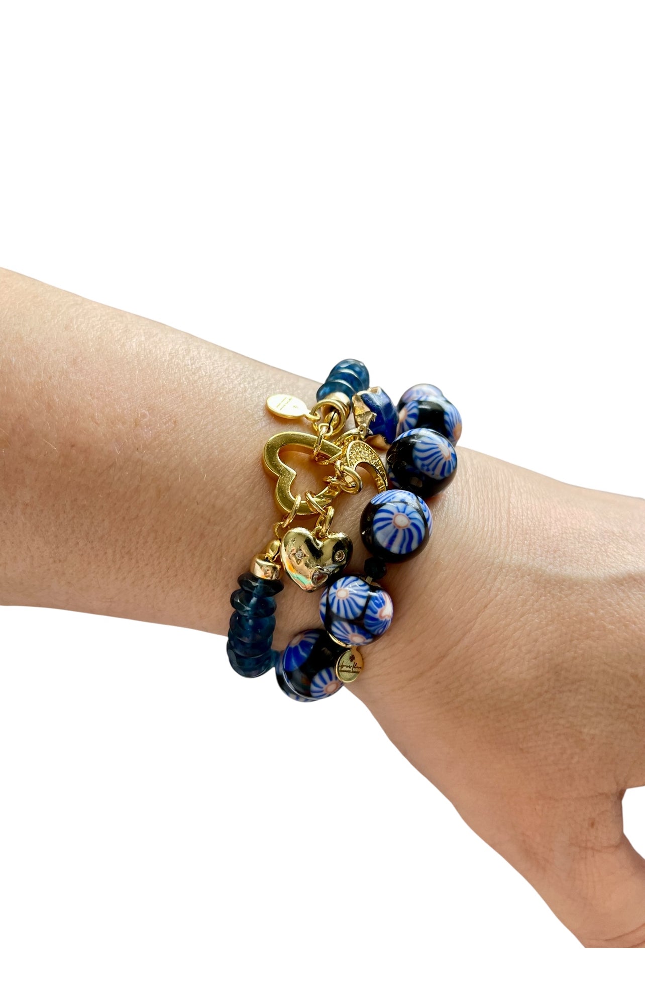 Midnight Bloom Bracelet: Hand patterned Millifiori Javanese Glass beads on Stretch elastic cord, Lapis Lazuli spacer beads OOAK
