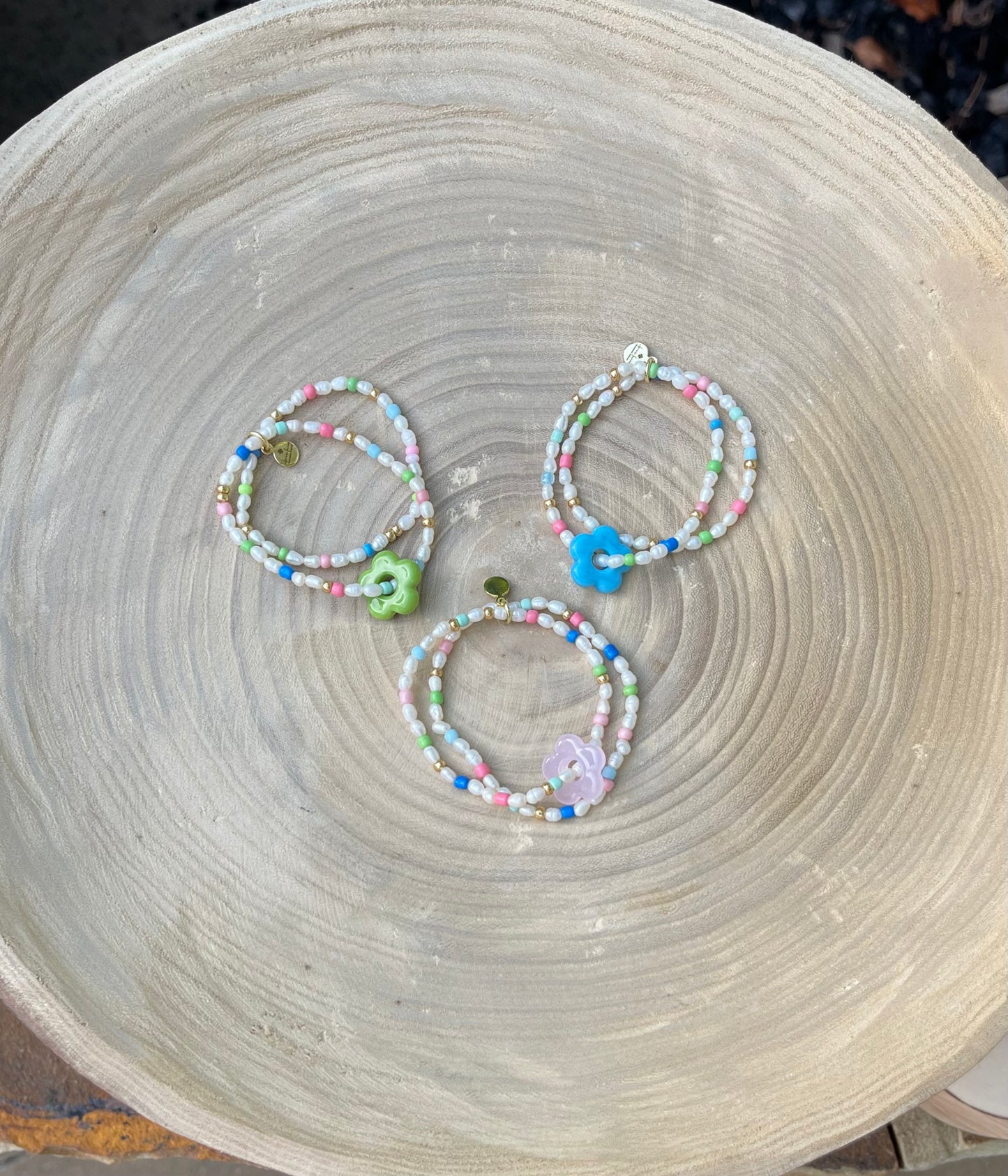 Candy Petals Bracelet Duo: Freshwater Pearls with candy colored accents 2 Stretch Bracelets Choose pink green or blue flower