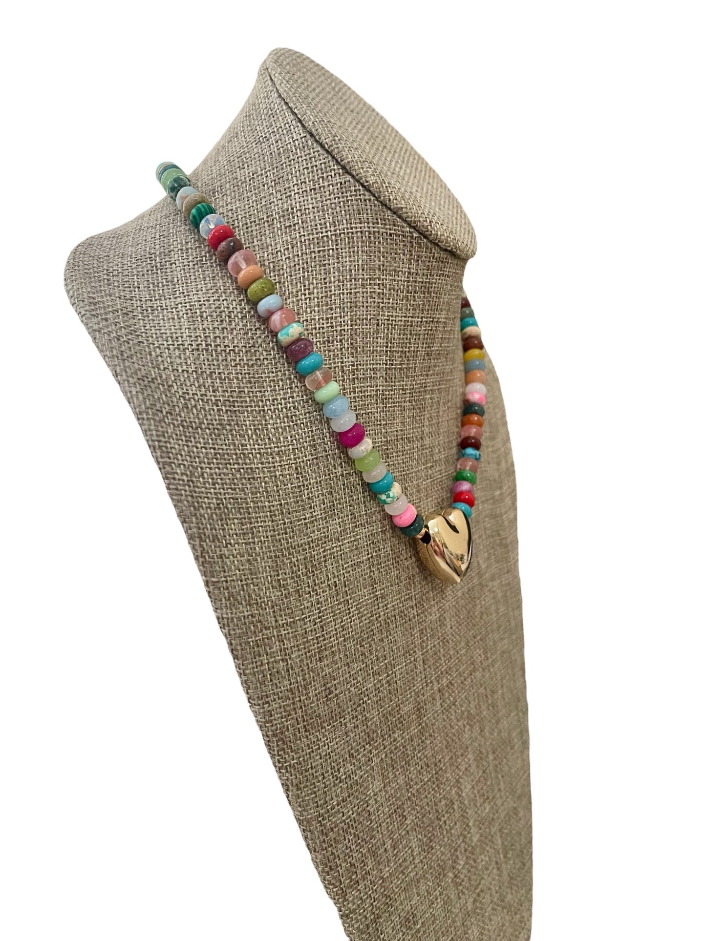 Charming Charlie Necklace: Mixed multi Gemstones providing vibrant colors and versatility Jumbo Gold Heart centerpiece Gold clasp w/ extender OOAK