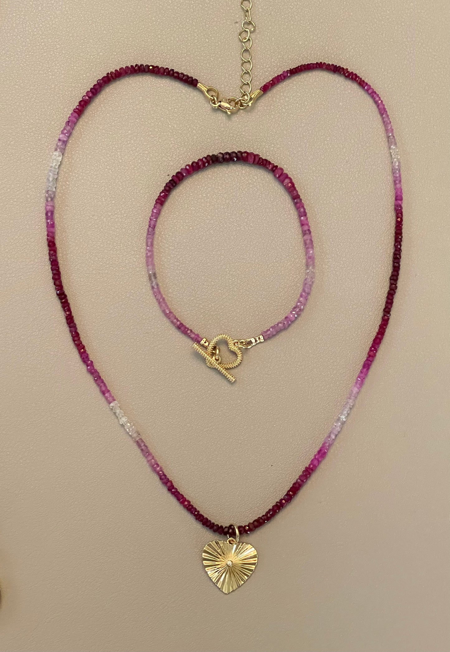 Gradient Ruby Necklace: Natural authentic Ruby gemstone necklace w/ gold heart charm and gold filled lobster clasp OOAK