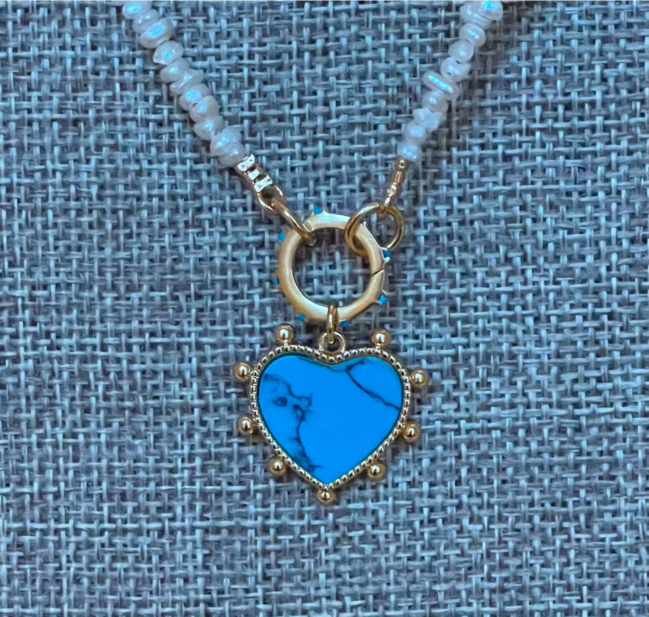 The Azure Heart Necklace: Petite rustic freshwater pearls, gold and turquoise clasp/charm holder Adorable faux turquoise heart charm OOAK