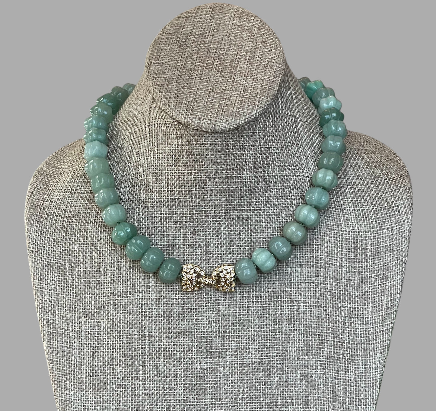 Sage Serenade Necklace OOAK: Sage green hand carved gemstones Hand-knotted on silk