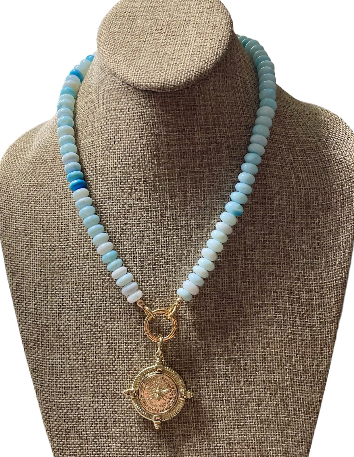 The Skylar Necklace: Sky Blue Opals with a Gold Circle Clasp and French Bee Coin Style Charm OOAK