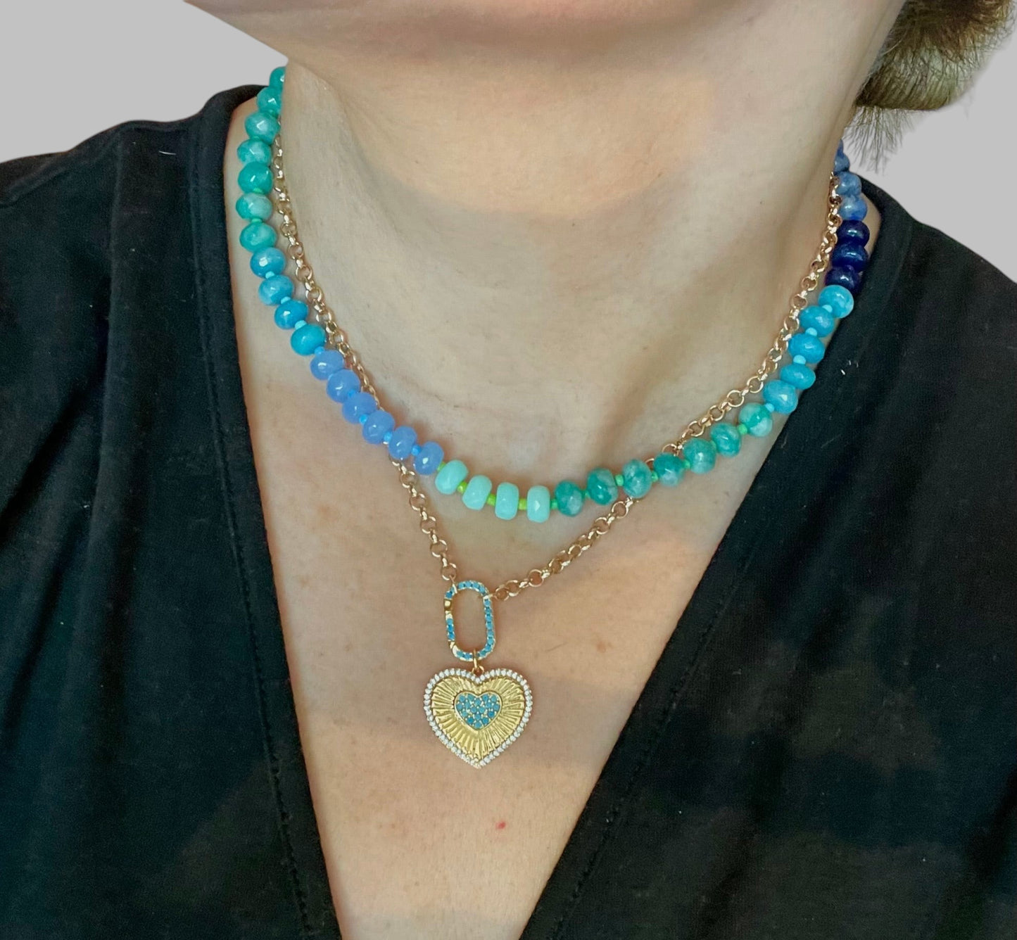 Touch of Turquoise Necklace: Gold Plated Rolo Chain with a GP Turquoise Center Heart Charm