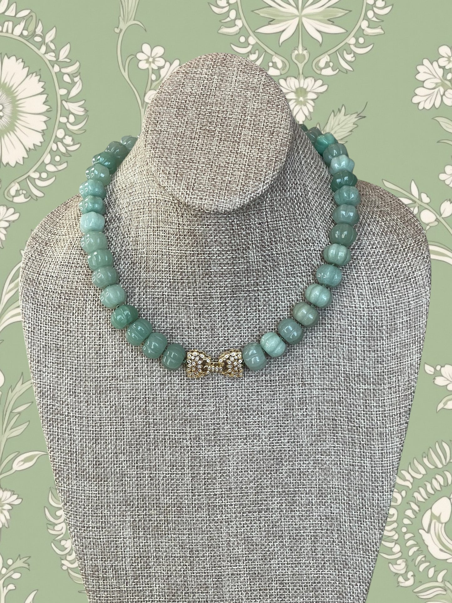 Sage Serenade Necklace OOAK: Sage green hand carved gemstones Hand-knotted on silk