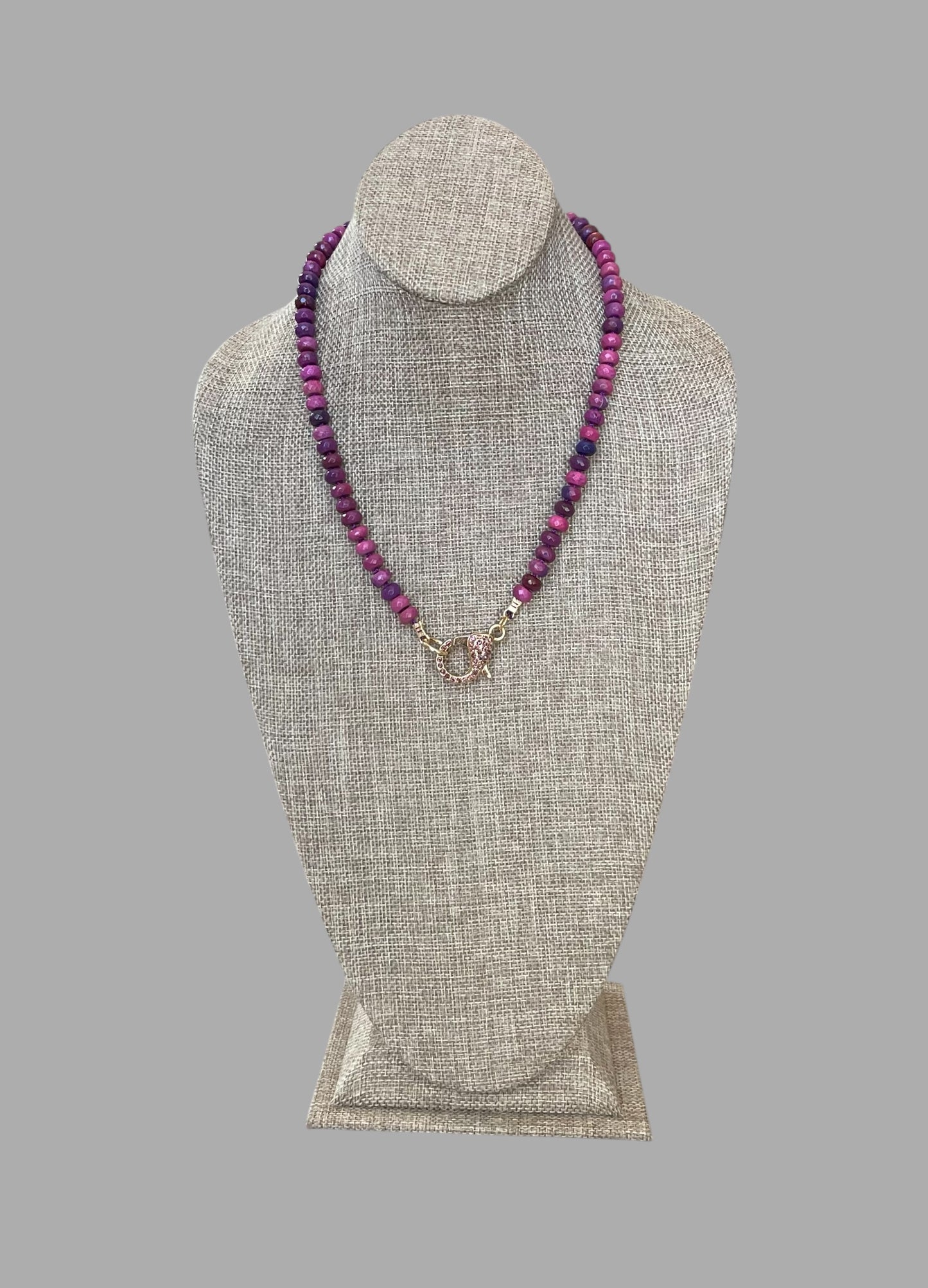 Cascadia Bloom Necklace: 2 Options- Dyed Agate faceted beads Hand knotted on silk, one w/ hot pink silk and hot pink pavé clasp and the other on purple silk w/ purple pavé clasp