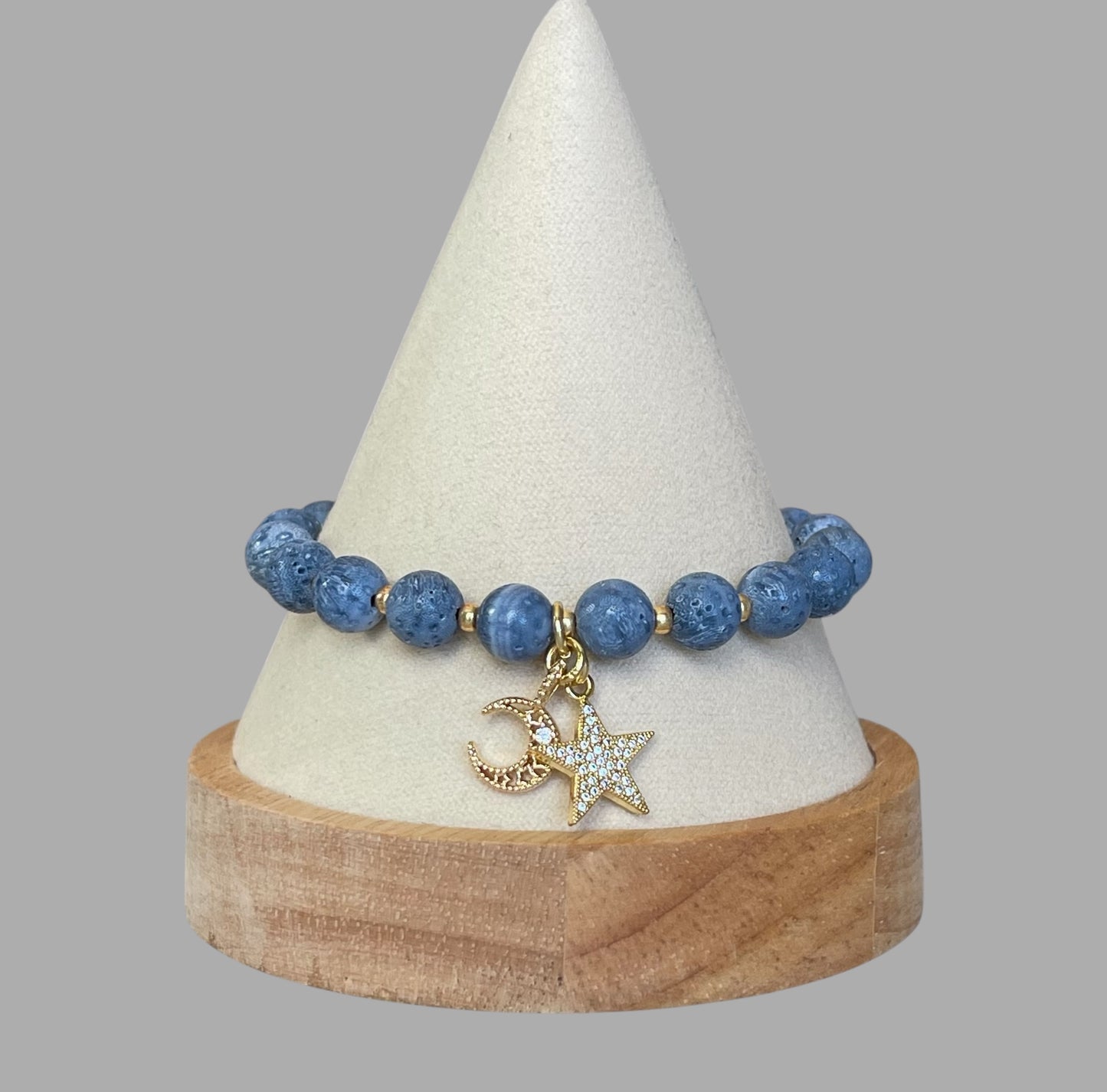 The Celestial Bracelet: Indonesian Coral beads perfect for essential oil diffusing, Gold charms with CZ accents